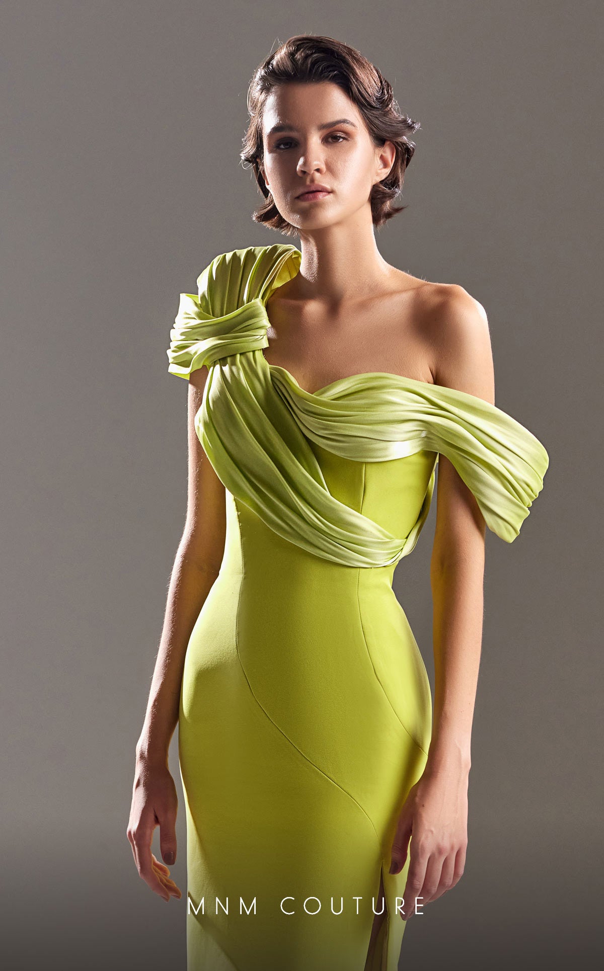 MNM Couture G1518 Fitted Ruched Long Slit Formal Dress