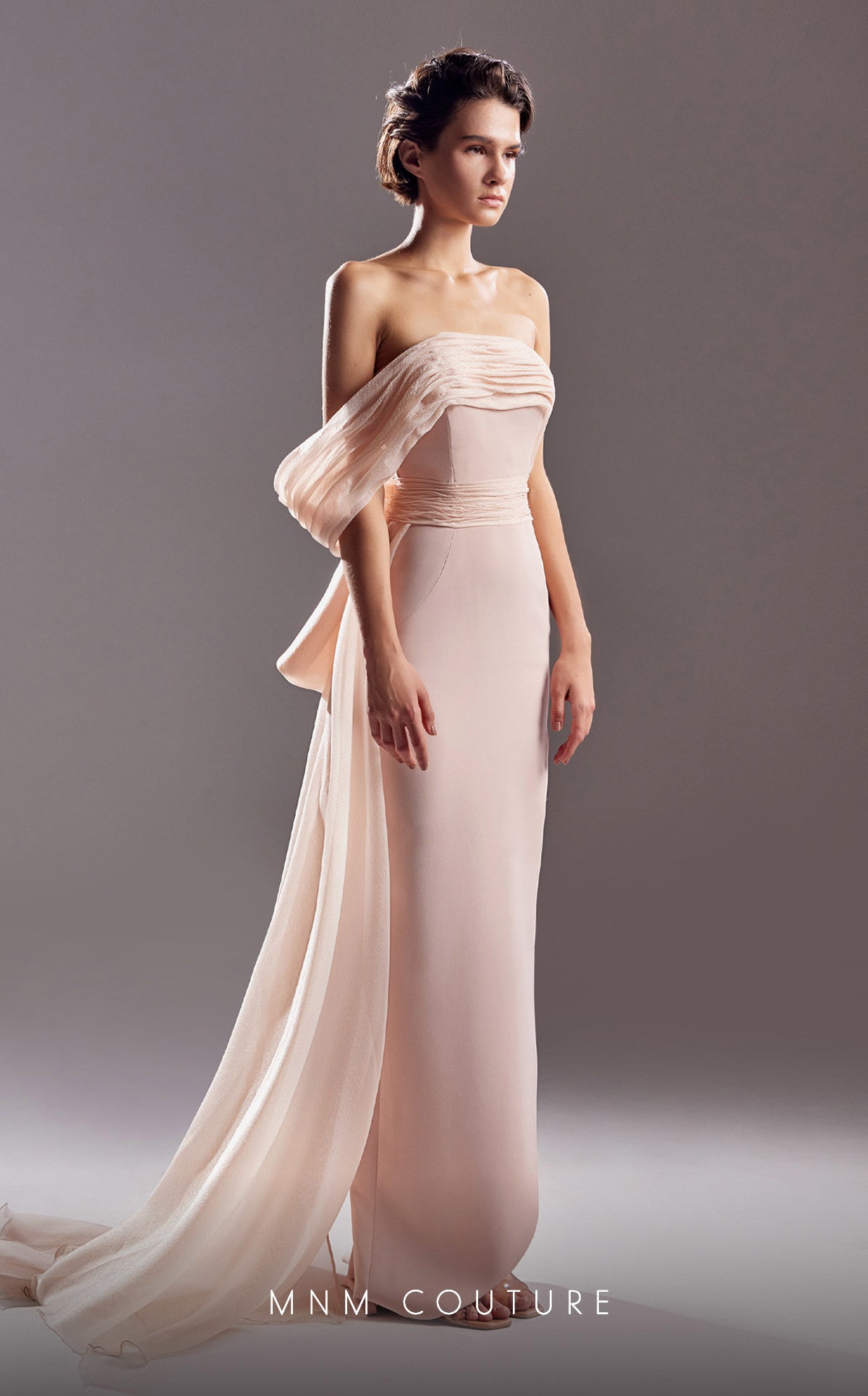 MNM Couture G1520 Fitted Ruched Bow Long Formal Dress