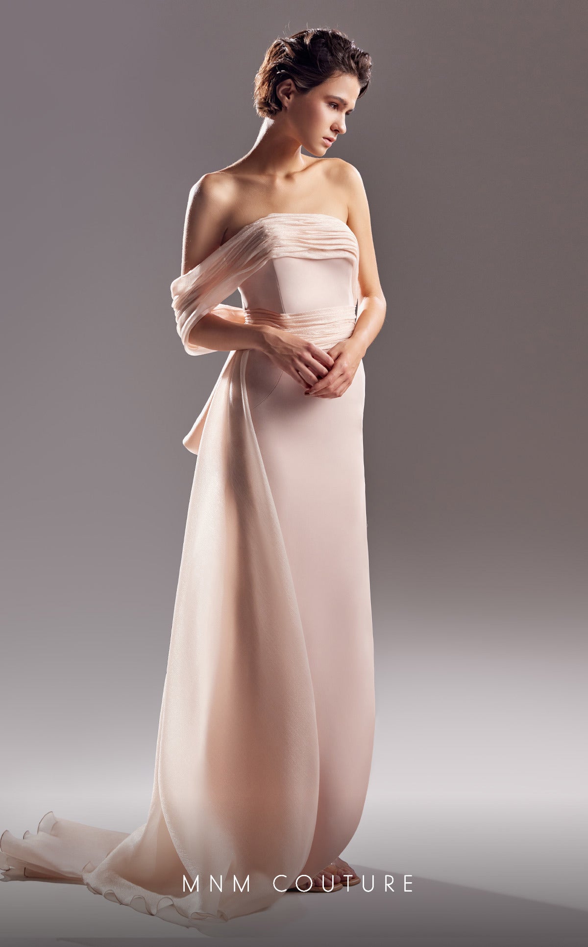 MNM Couture G1520 Fitted Ruched Bow Long Formal Dress