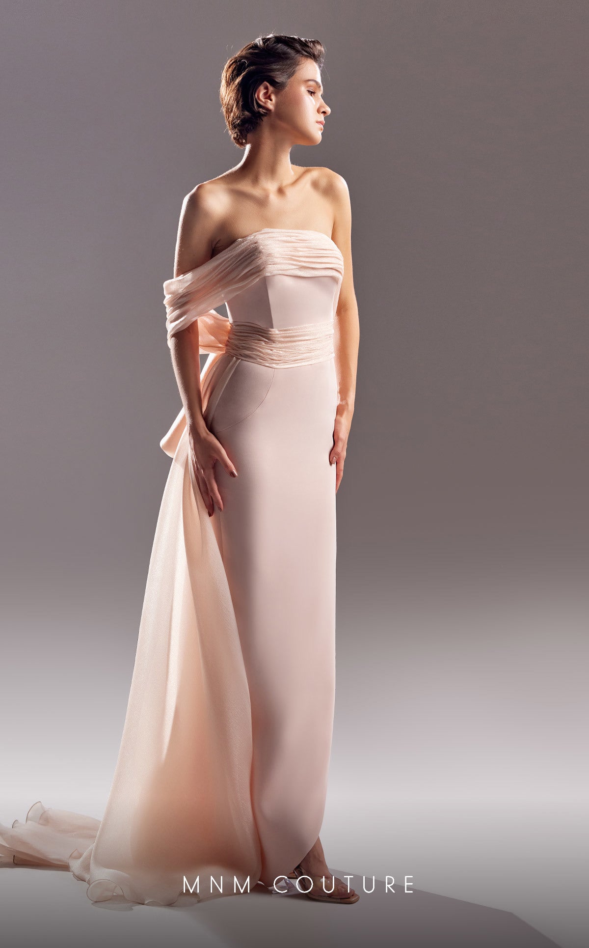 MNM Couture G1520 Fitted Ruched Bow Long Formal Dress