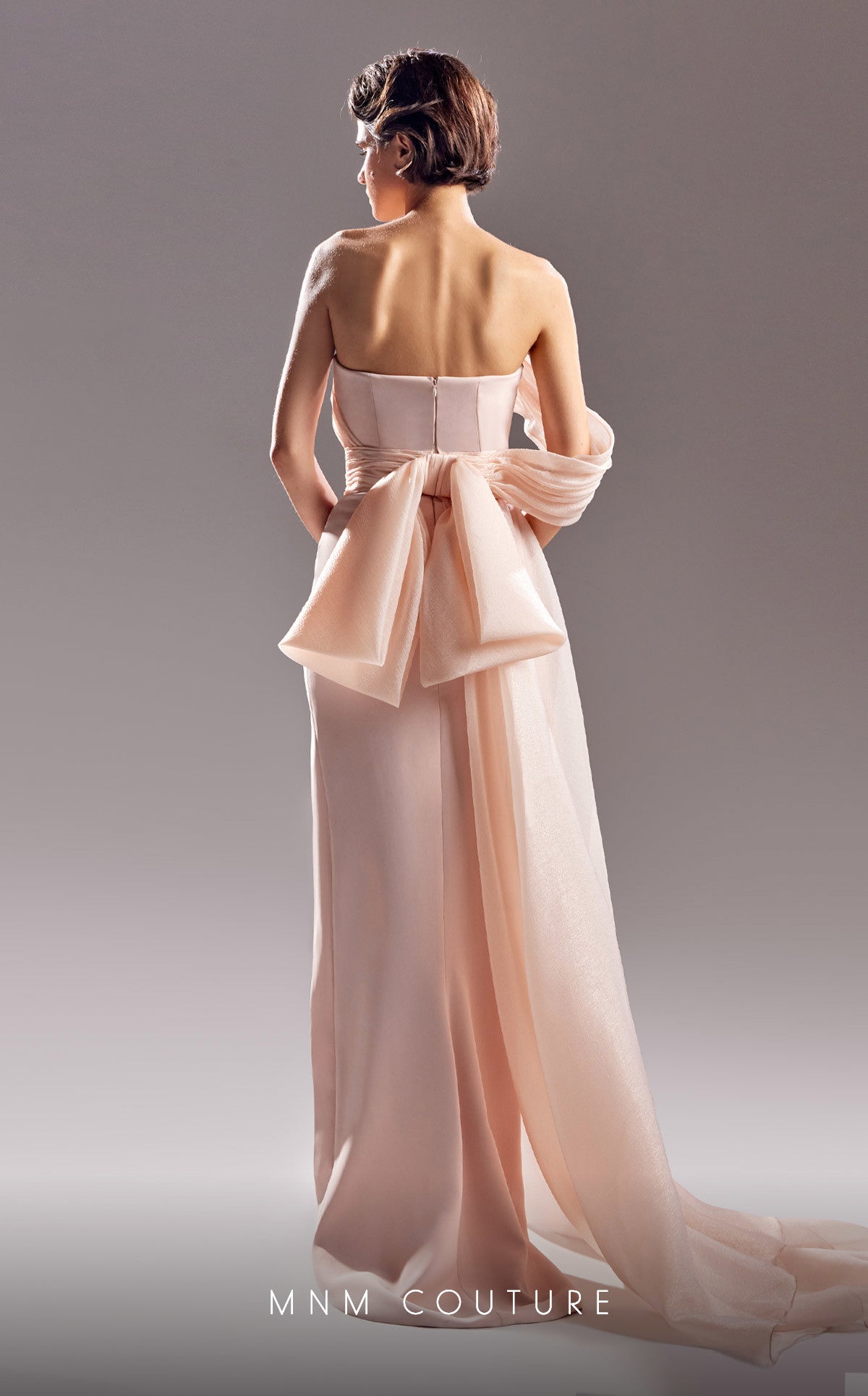 MNM Couture G1520 Fitted Ruched Bow Long Formal Dress