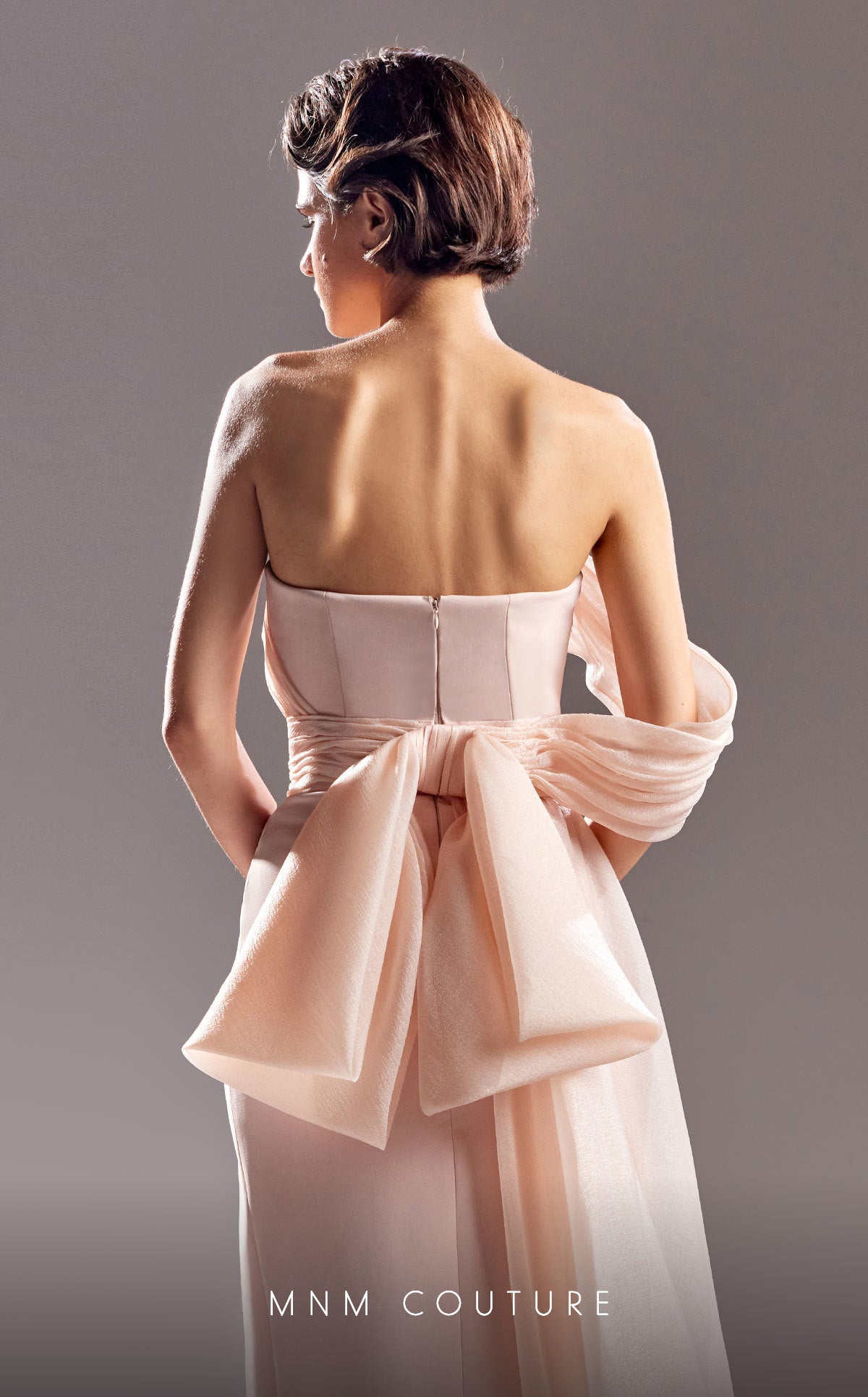 MNM Couture G1520 Fitted Ruched Bow Long Formal Dress