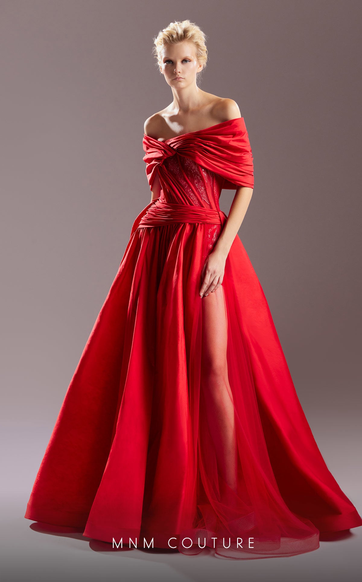 MNM Couture G1533 A Line Long Ruched Slit Formal Prom Dress
