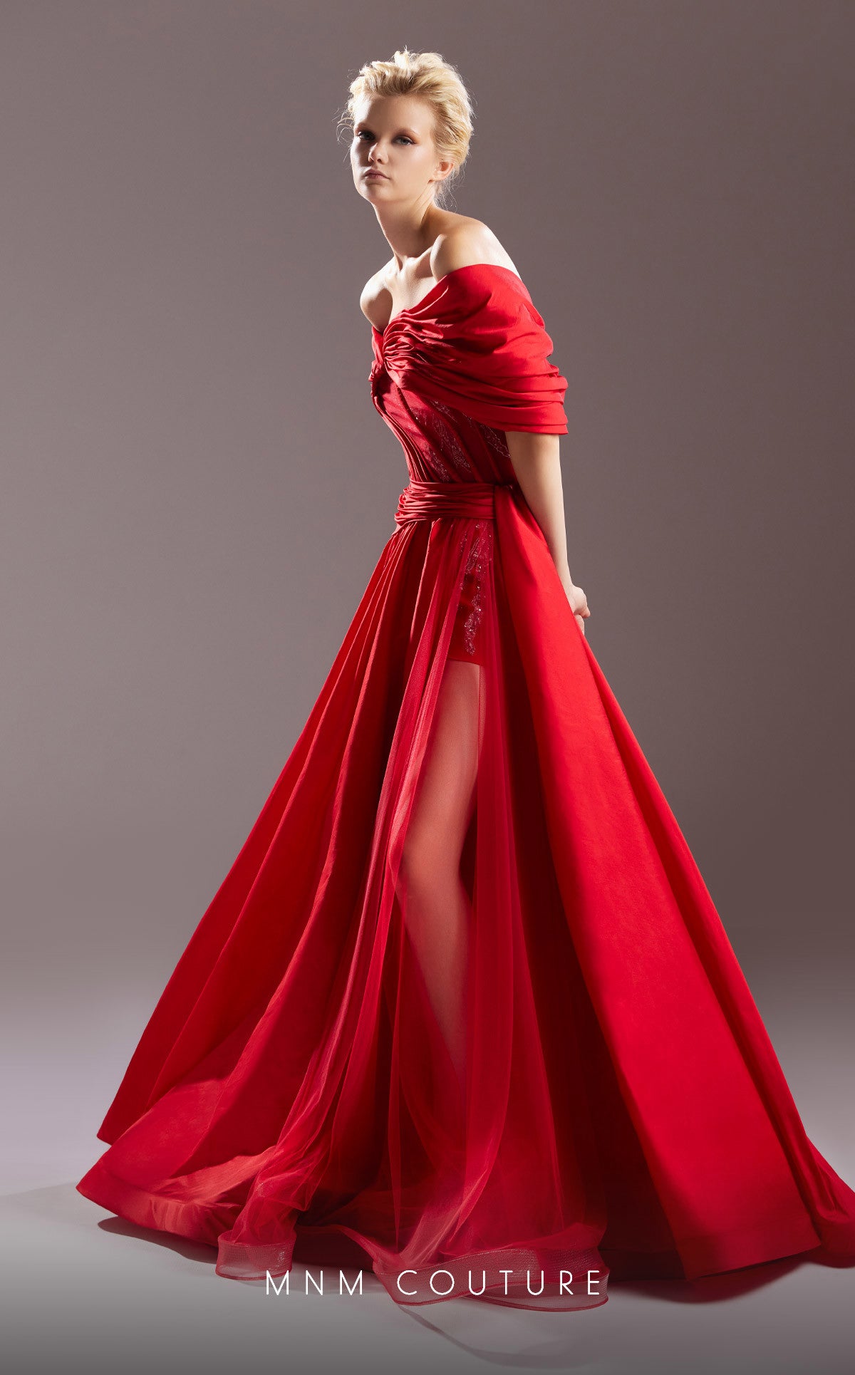 MNM Couture G1533 A Line Long Ruched Slit Formal Prom Dress