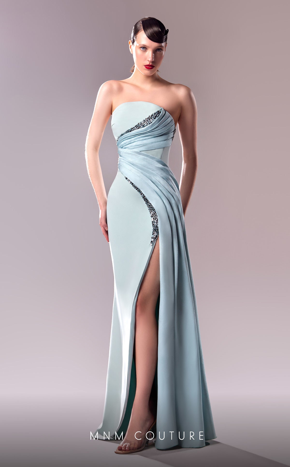 MNM Couture G1608 Fitted Long Formal Overskirt Slit Prom Dress