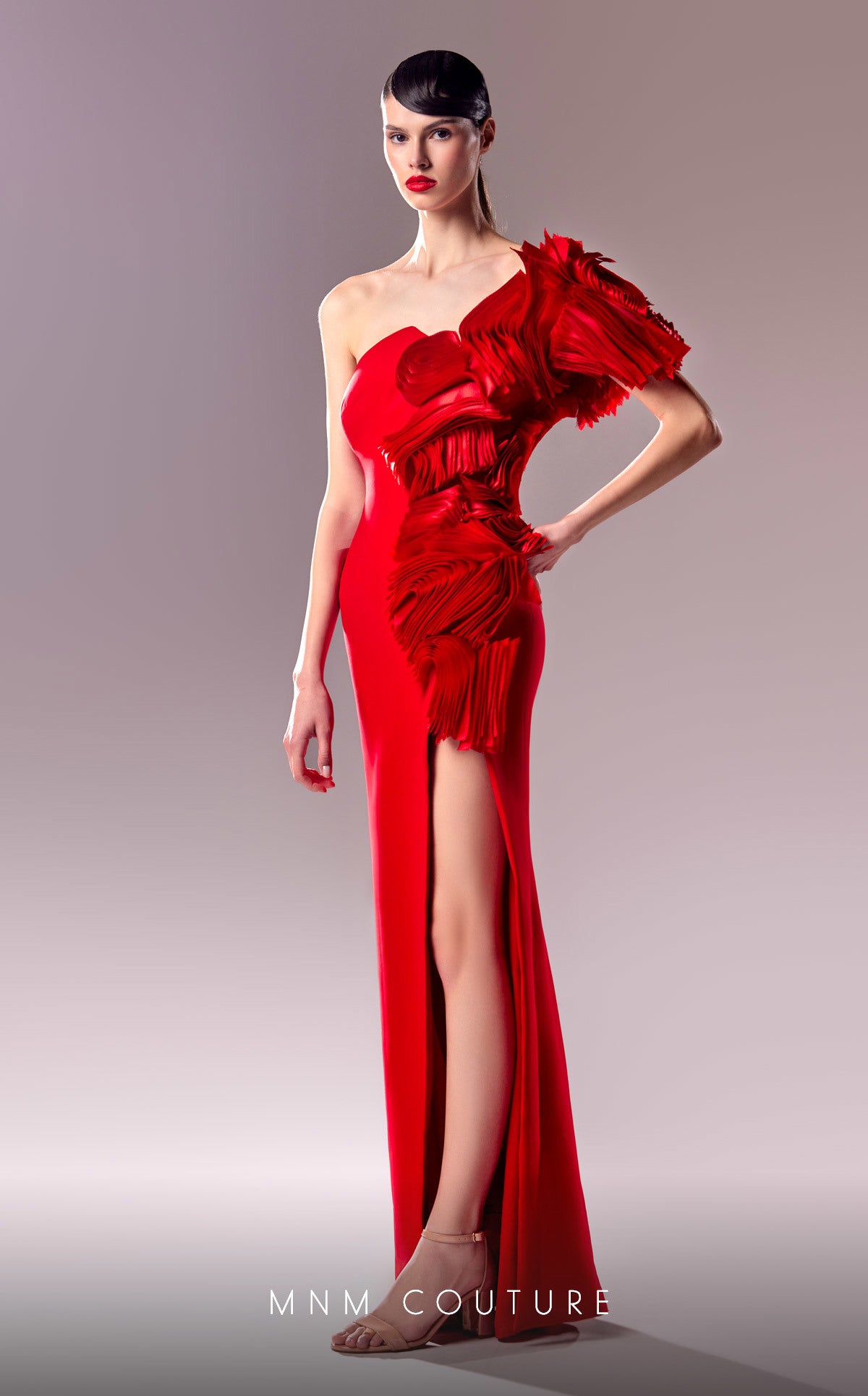 MNM Couture G1612 Long Formal Ruffle Slit Evening Dress