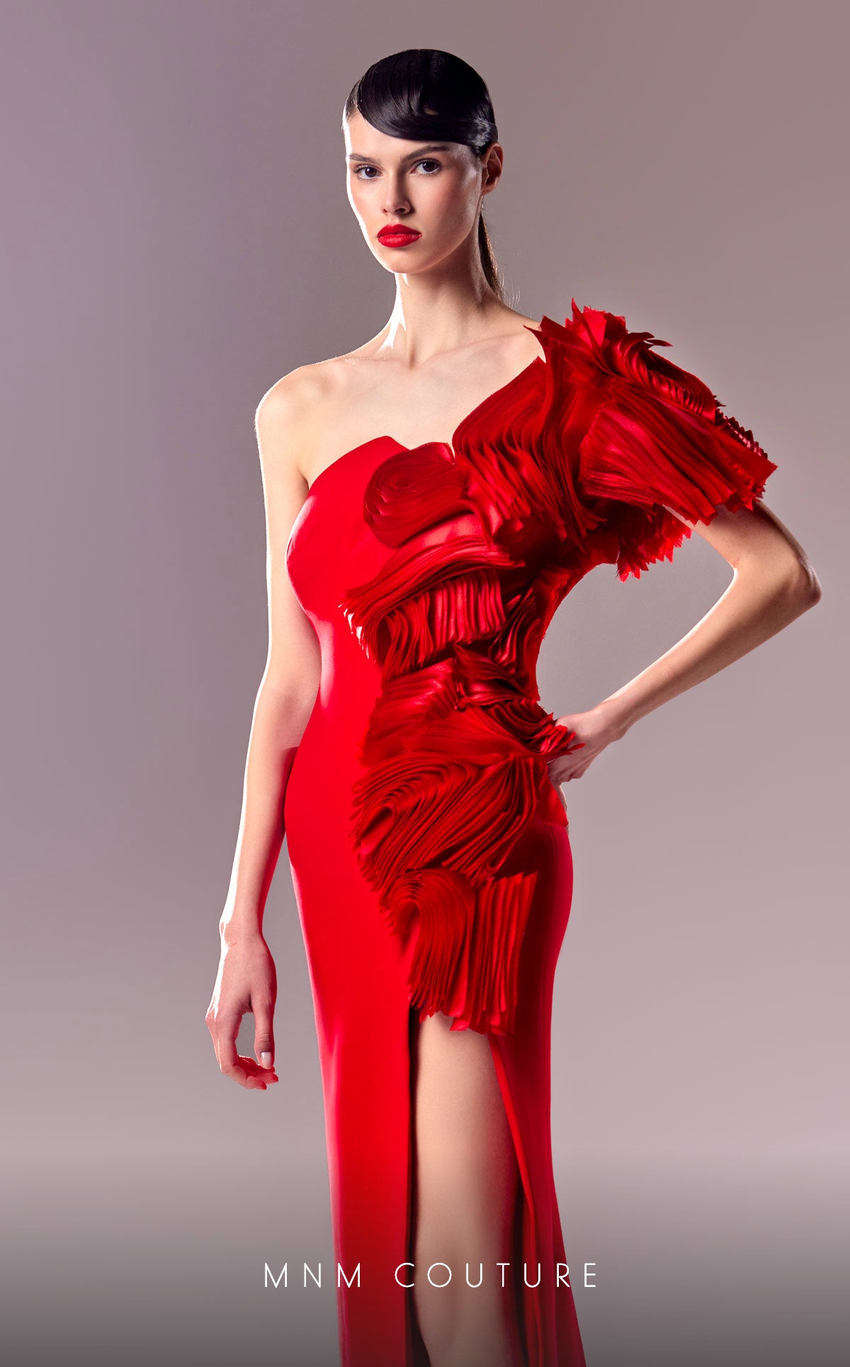 MNM Couture G1612 Long Formal Ruffle Slit Evening Dress