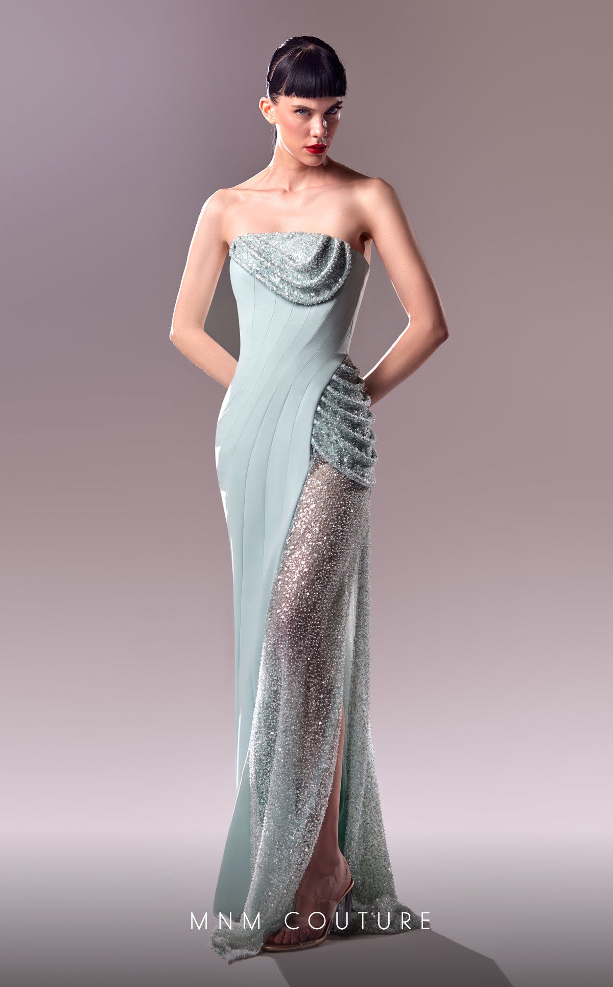 MNM Couture G1613 Long Formal Beaded Mesh Prom Dress