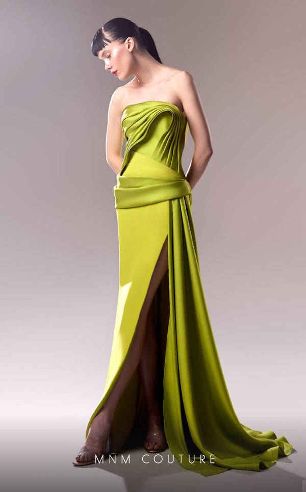 MNM Couture G1617 Pleated Long Slit Formal Evening Dress