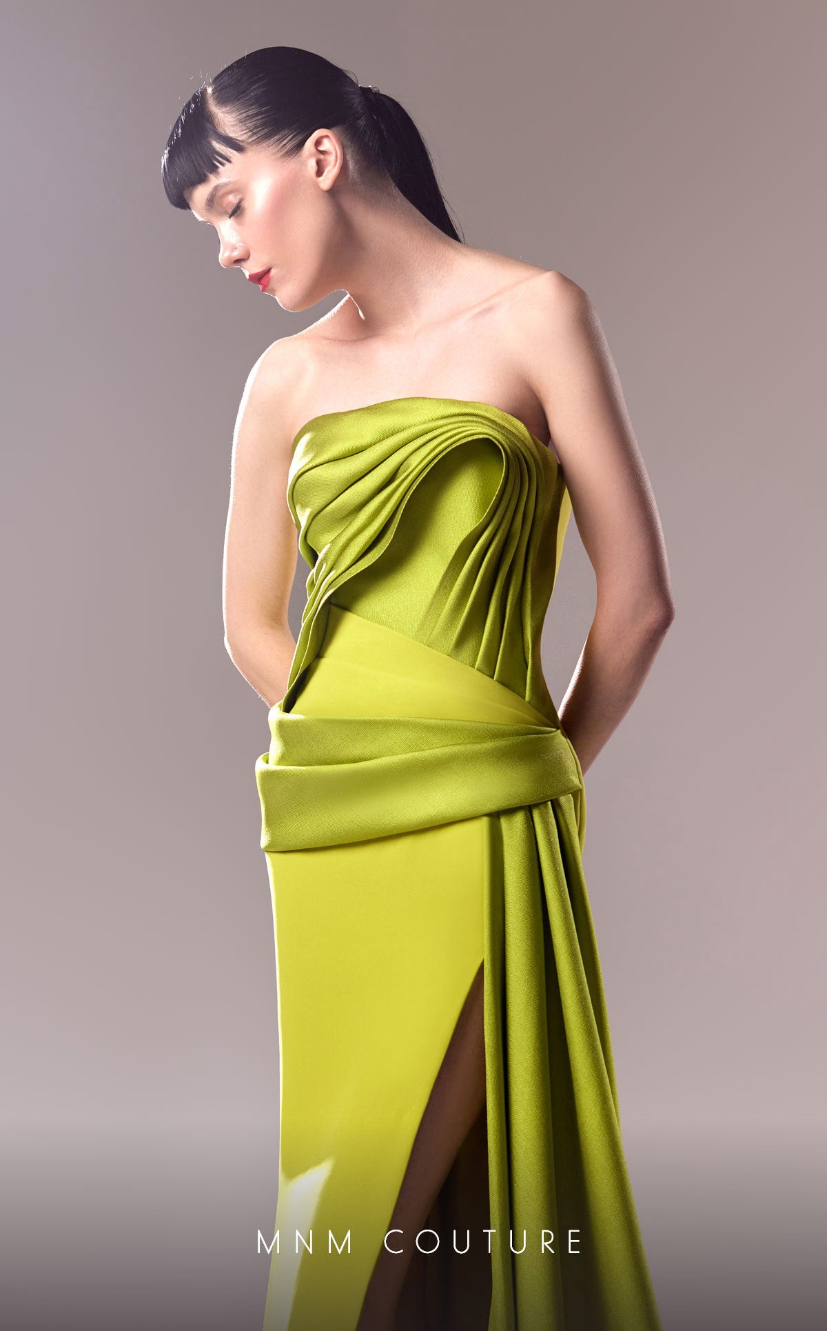 MNM Couture G1617 Pleated Long Slit Formal Evening Dress