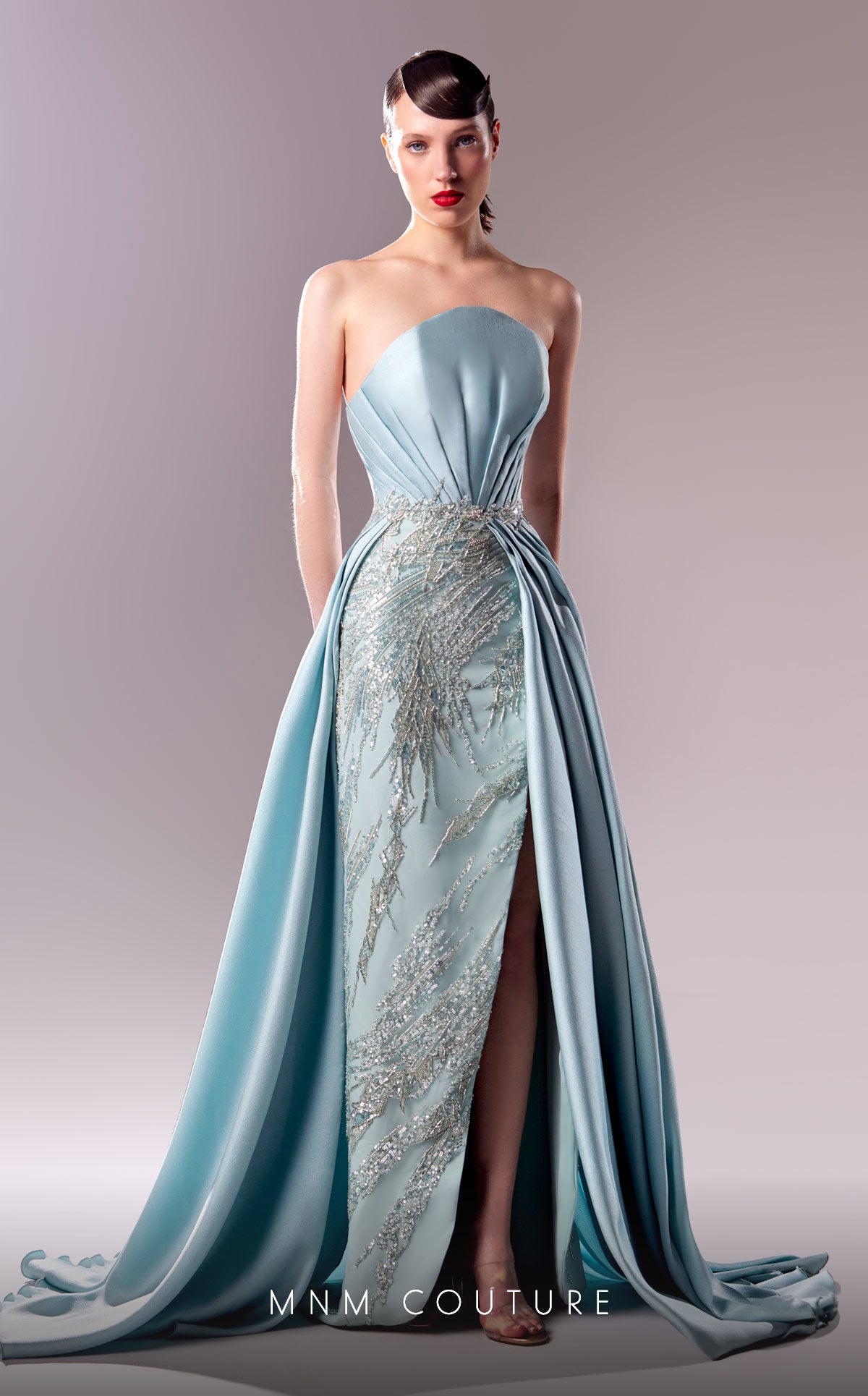 MNM Couture G1627 Fitted Long Beaded Overskirt Slit Formal Dress The Dress Outlet MNM Couture G1627 Fitted Long Beaded Overskirt Slit Formal Dress The Dress Outlet