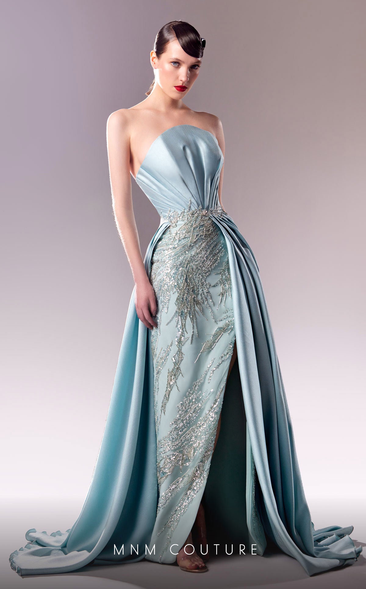 MNM Couture G1627 Fitted Long Beaded Overskirt Slit Formal Dress