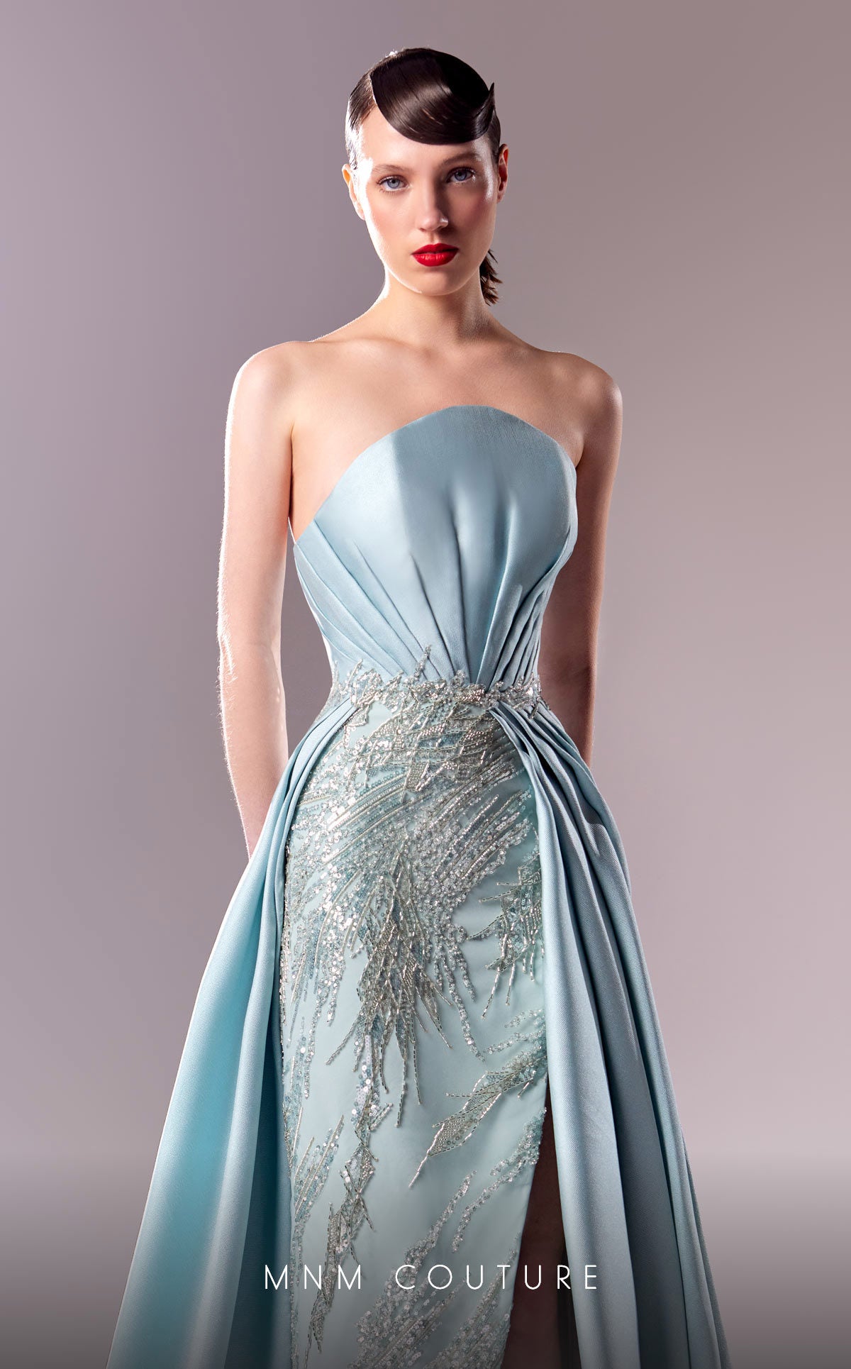 MNM Couture G1627 Fitted Long Beaded Overskirt Slit Formal Dress