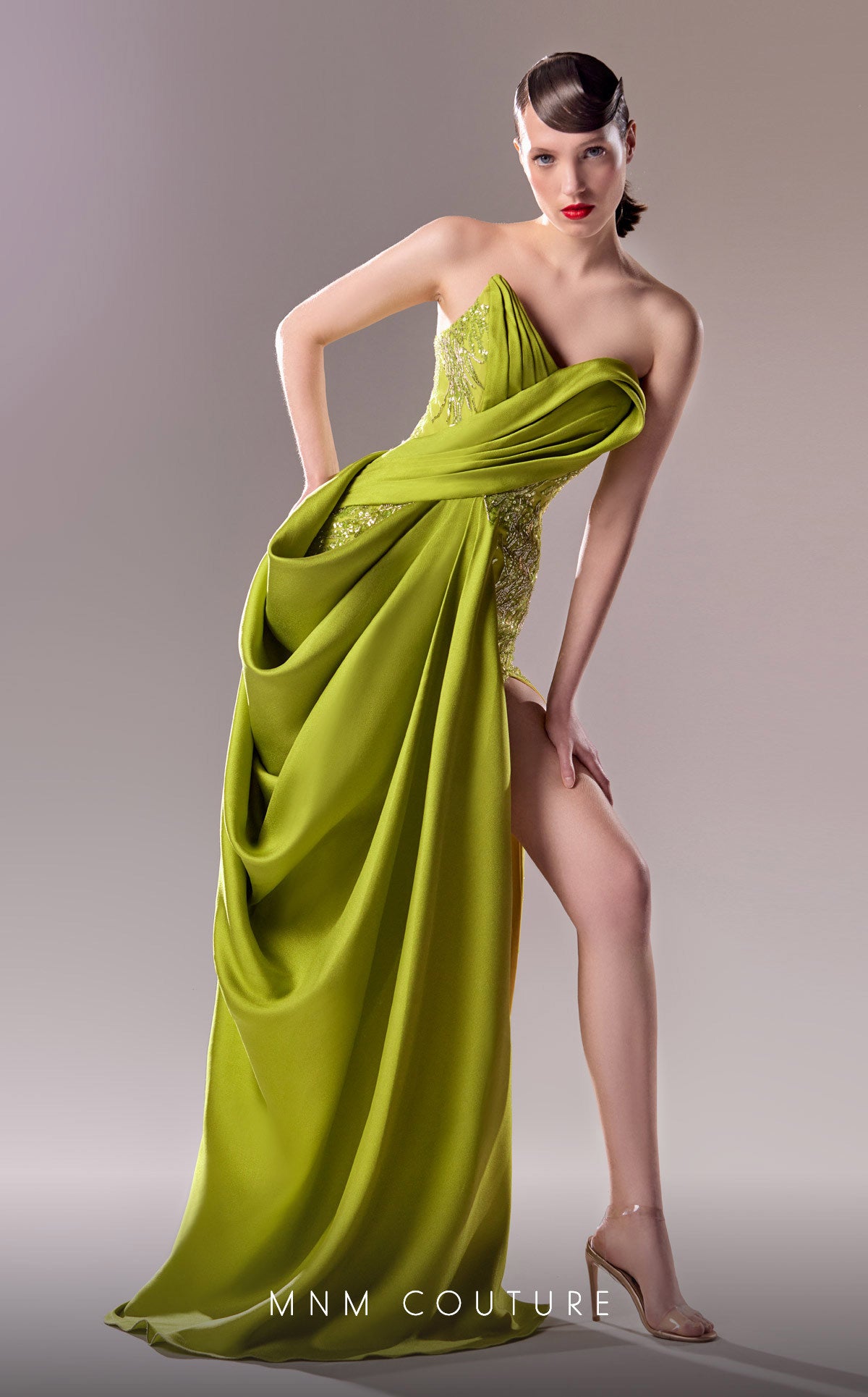 MNM Couture G1630 Long Formal 3D Pleated Slit Beaded Porm Dress