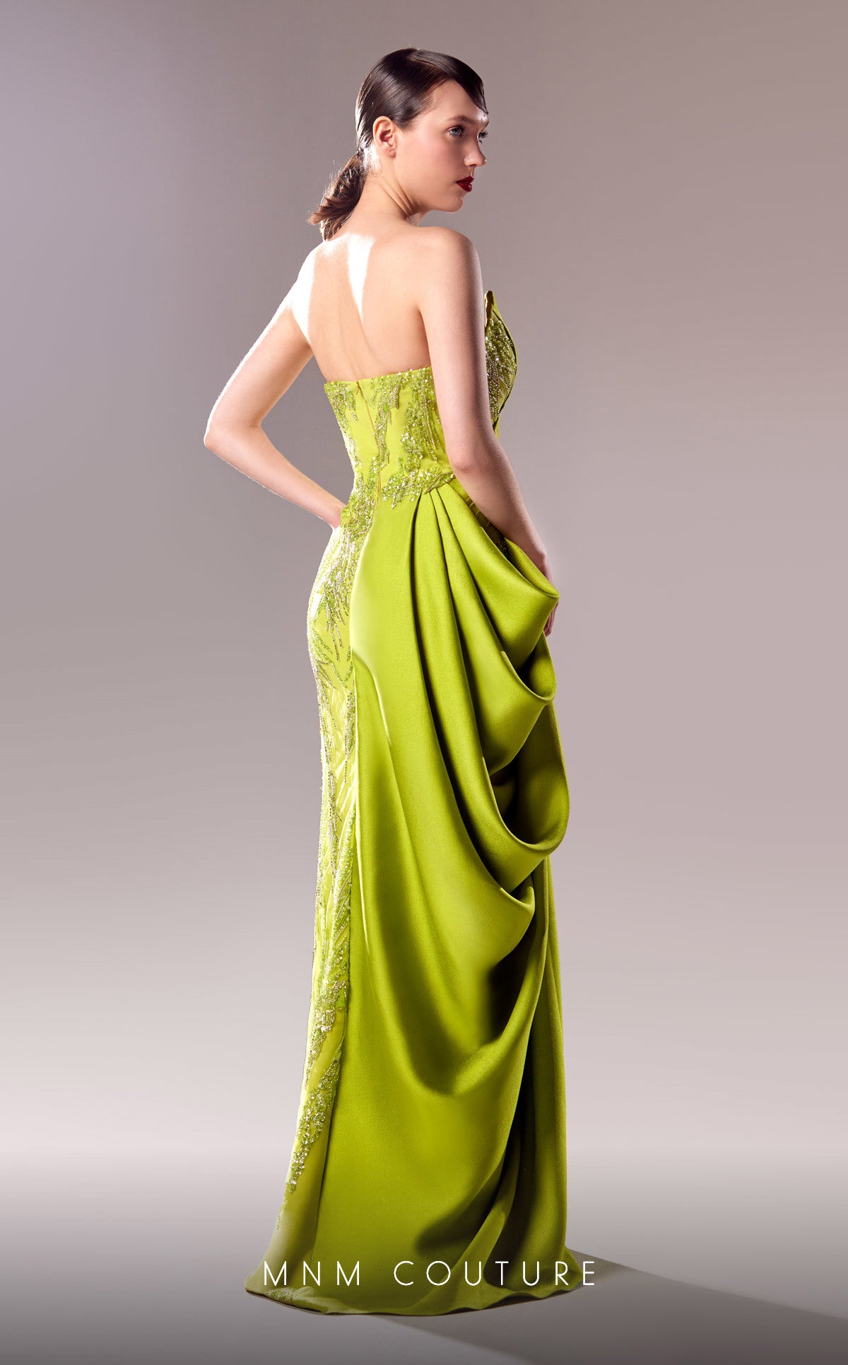 MNM Couture G1630 Long Formal 3D Pleated Slit Beaded Porm Dress