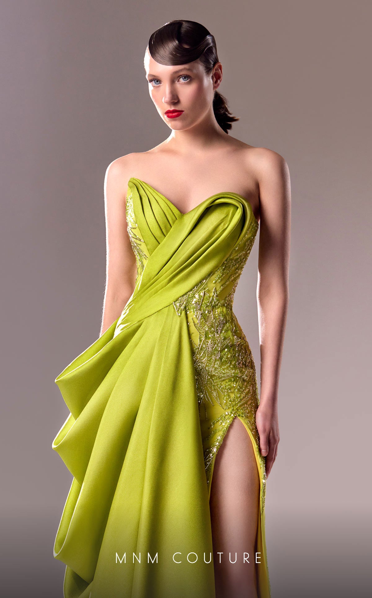 MNM Couture G1630 Long Formal 3D Pleated Slit Beaded Porm Dress