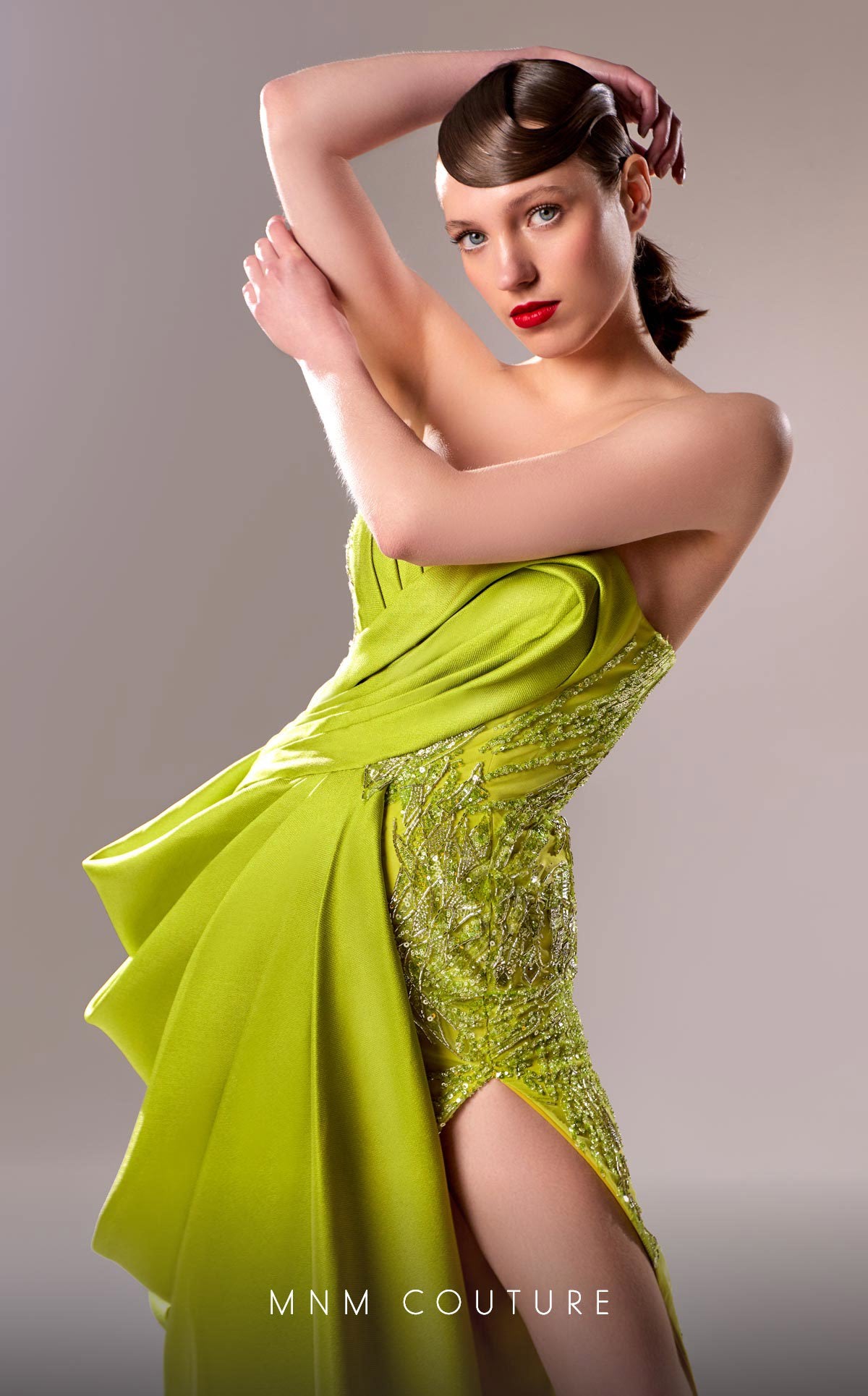 MNM Couture G1630 Long Formal 3D Pleated Slit Beaded Porm Dress