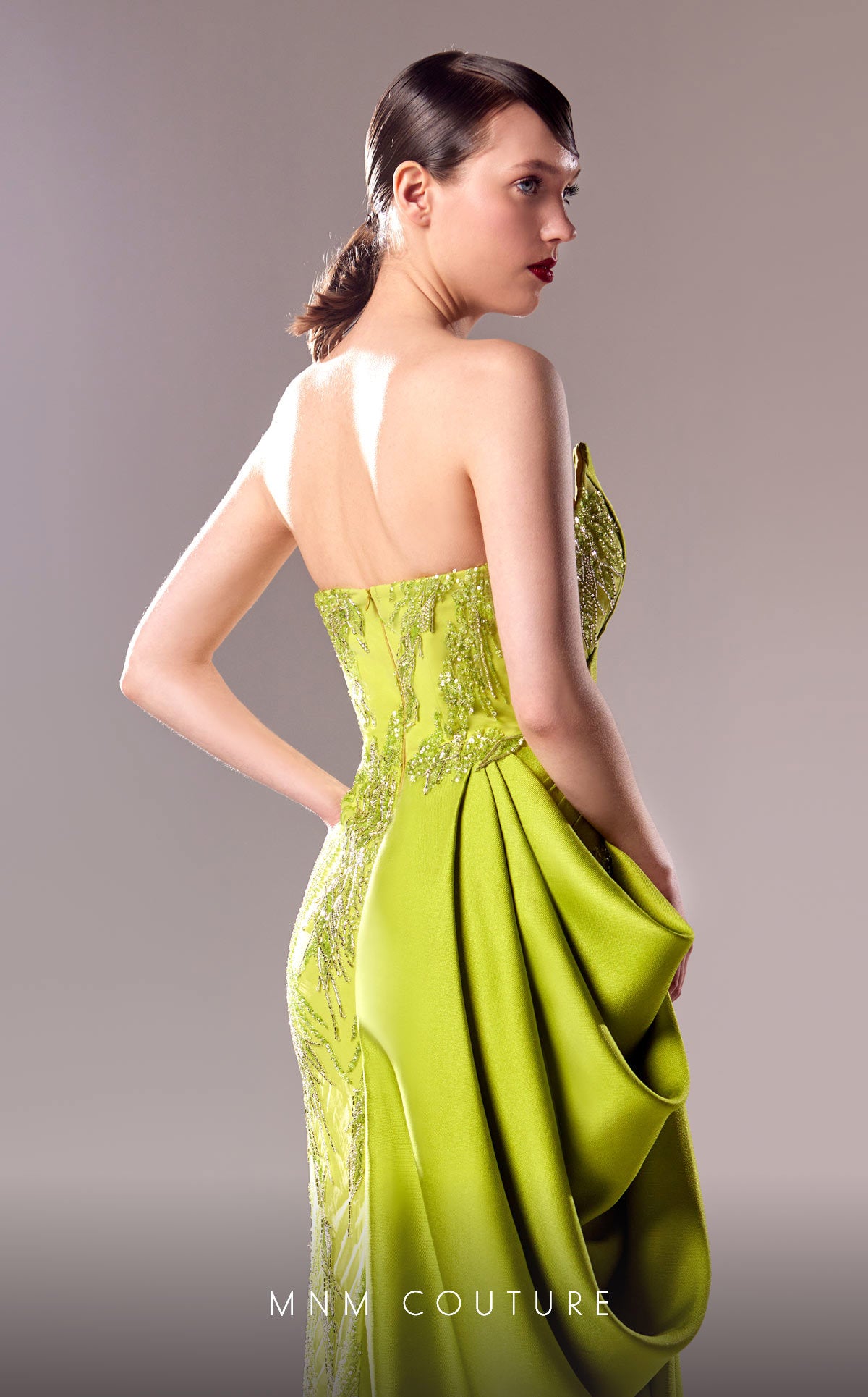 MNM Couture G1630 Long Formal 3D Pleated Slit Beaded Porm Dress