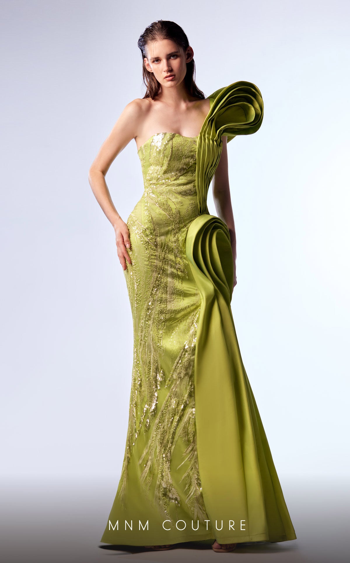 MNM Couture G1712 Pleated Long Formal Beaded Mermaid Prom Dress