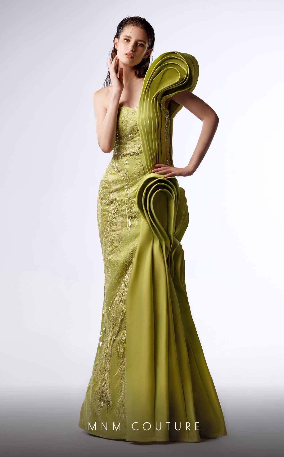 MNM Couture G1712 Pleated Long Formal Beaded Mermaid Prom Dress