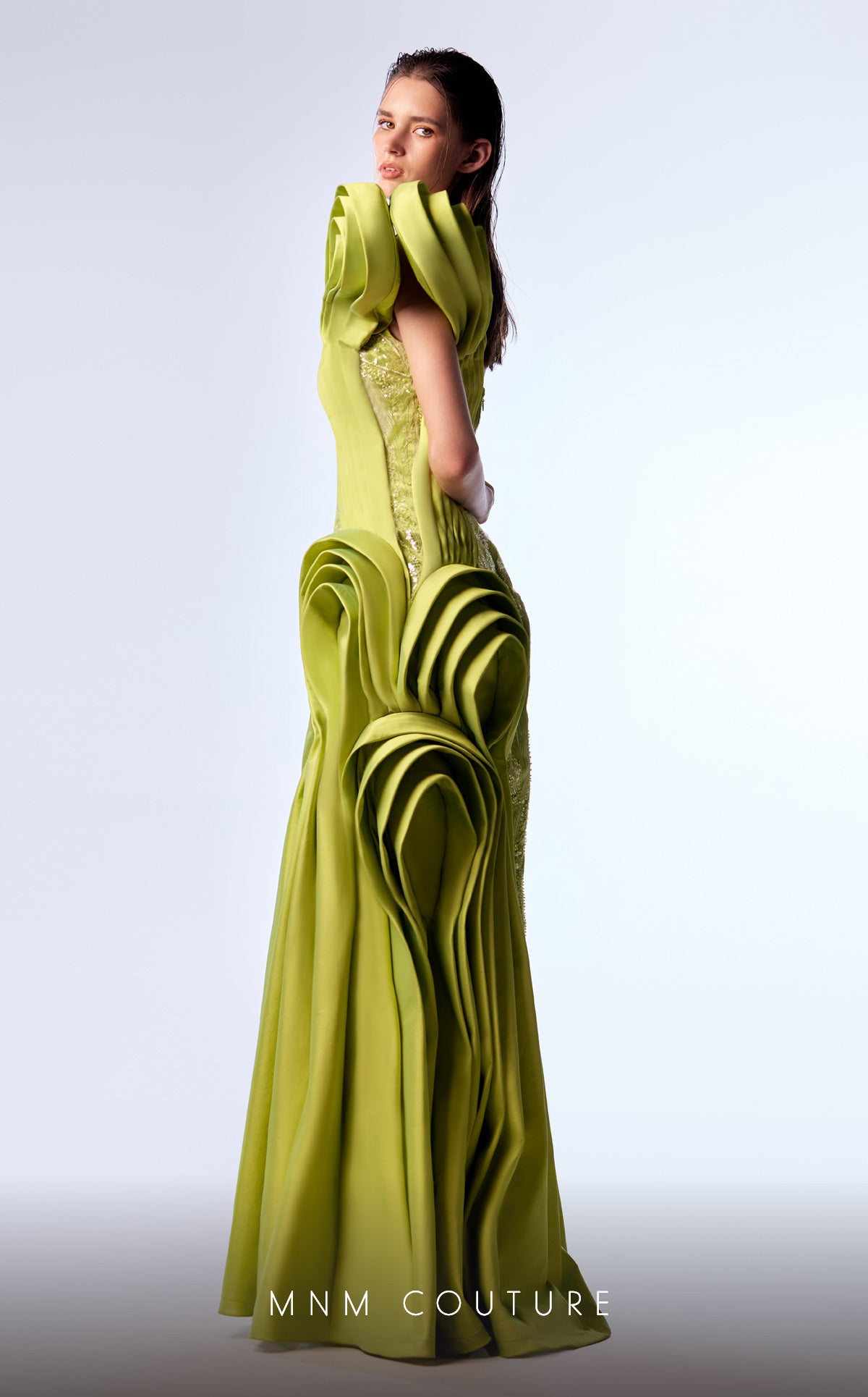 MNM Couture G1712 Pleated Long Formal Beaded Mermaid Prom Dress
