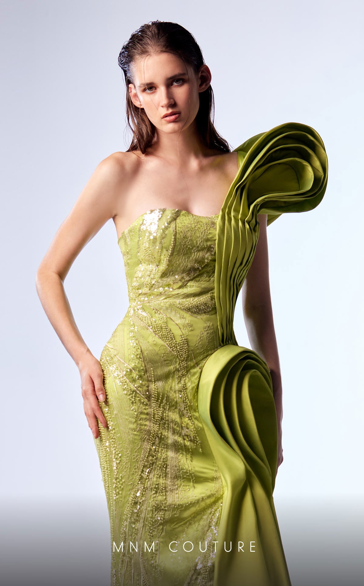 MNM Couture G1712 Pleated Long Formal Beaded Mermaid Prom Dress