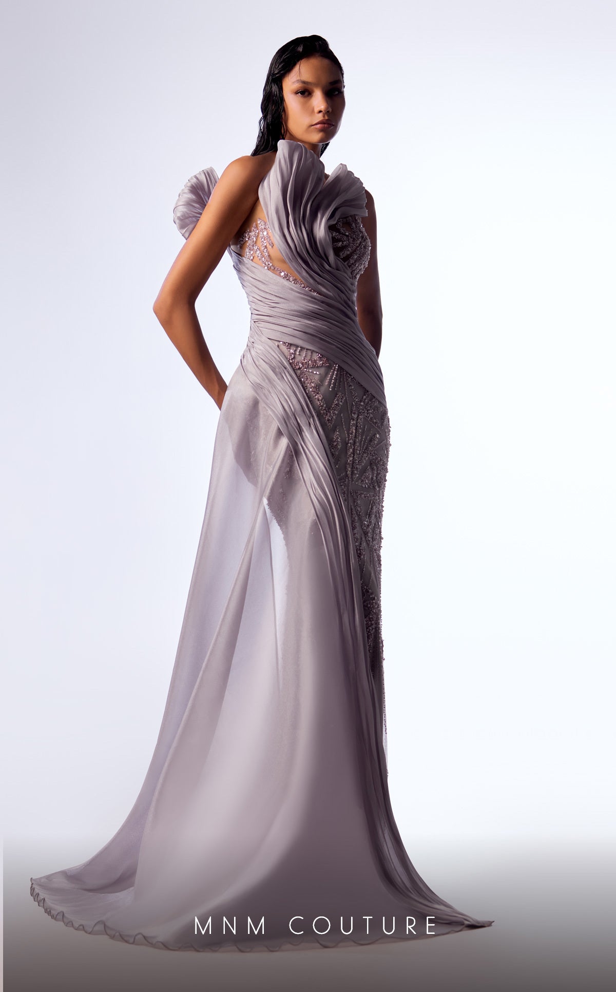 MNM Couture G1714 Pleated Long Formal Overskirt Fitted Dress