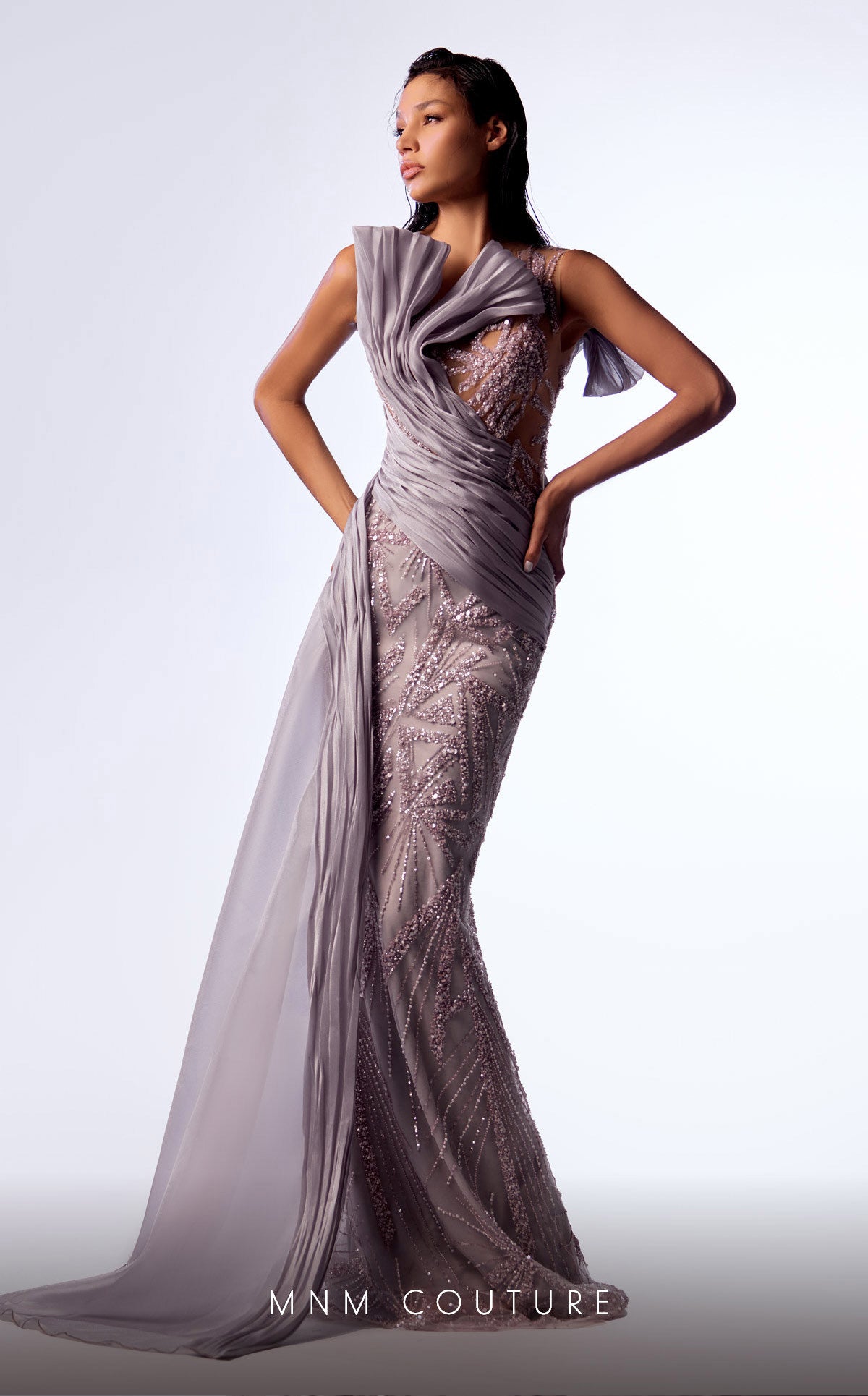 MNM Couture G1714 Pleated Long Formal Overskirt Fitted Dress
