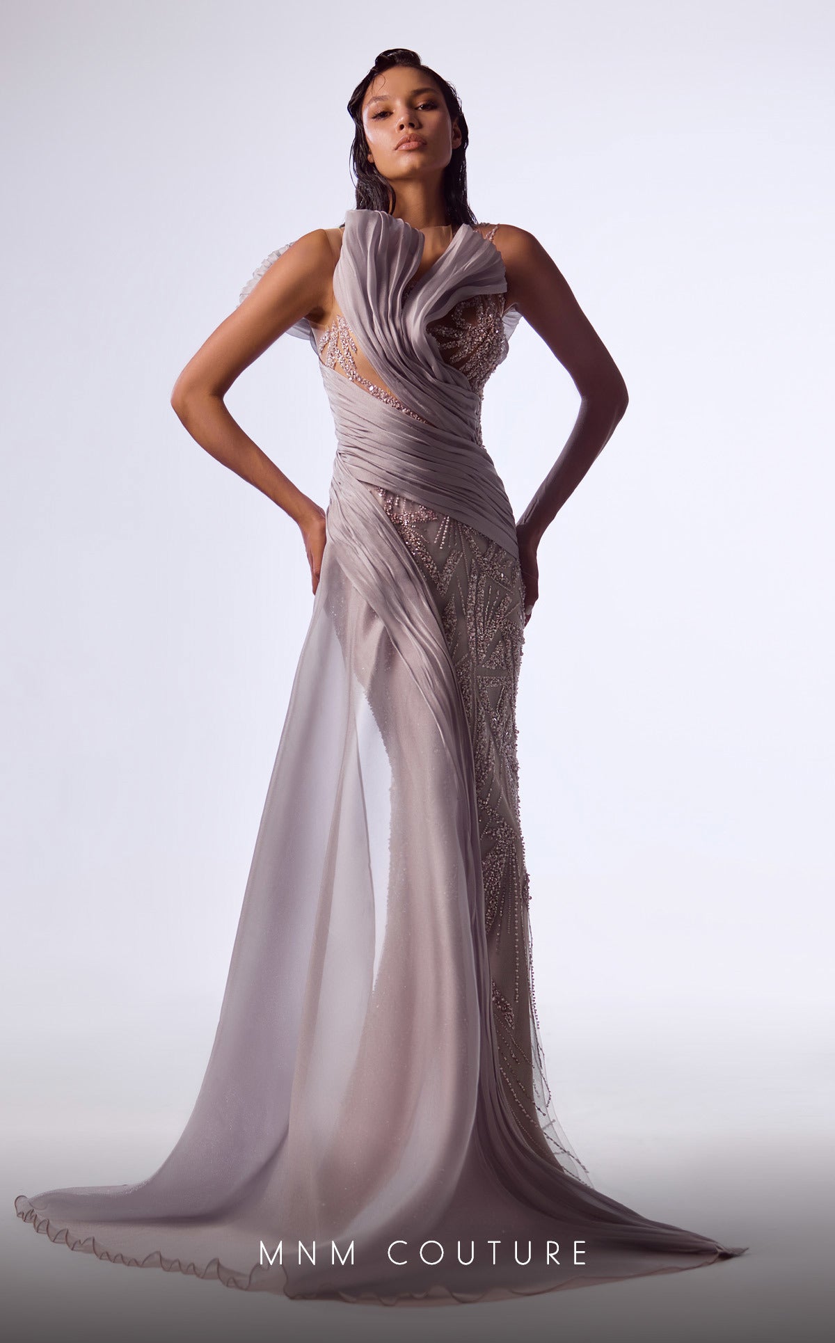 MNM Couture G1714 Pleated Long Formal Overskirt Fitted Dress
