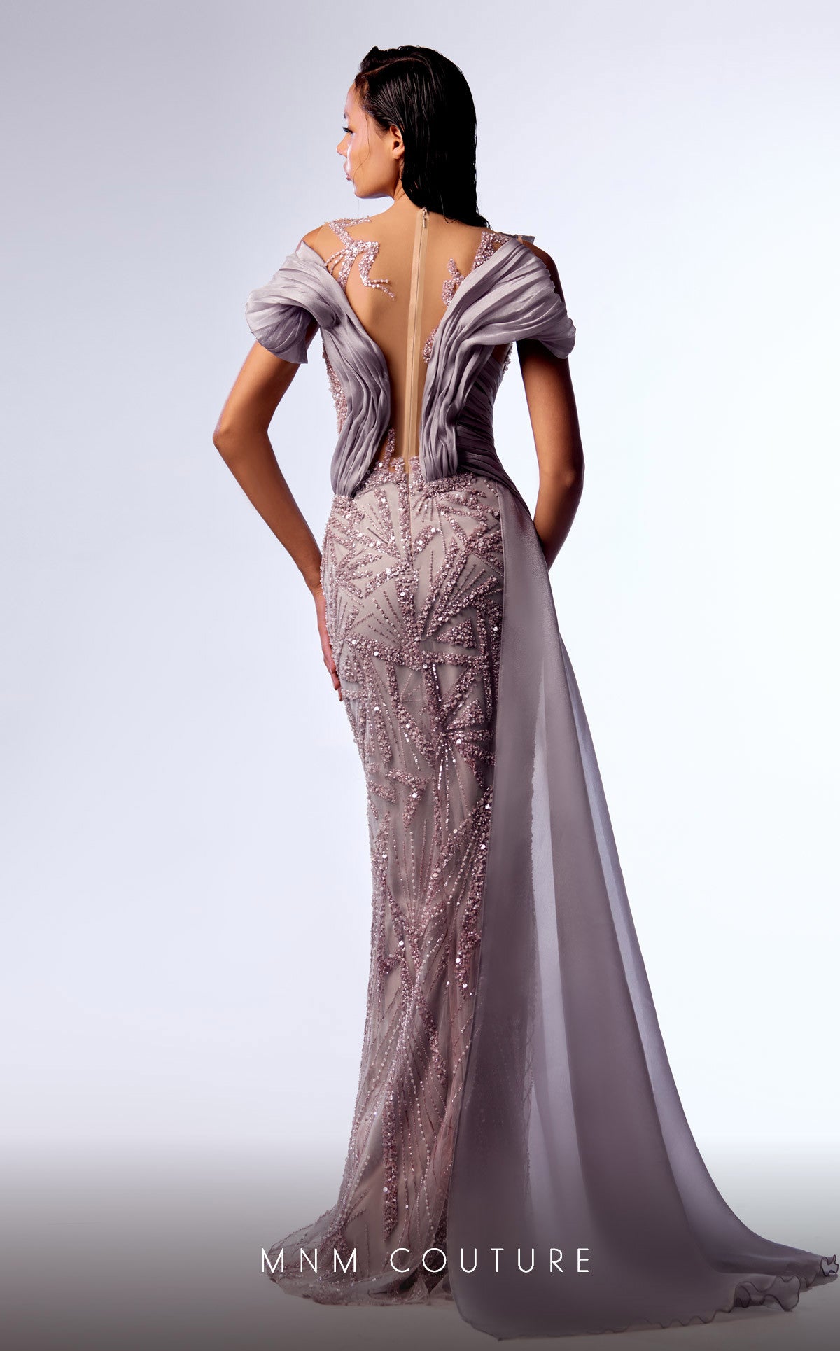 MNM Couture G1714 Pleated Long Formal Overskirt Fitted Dress