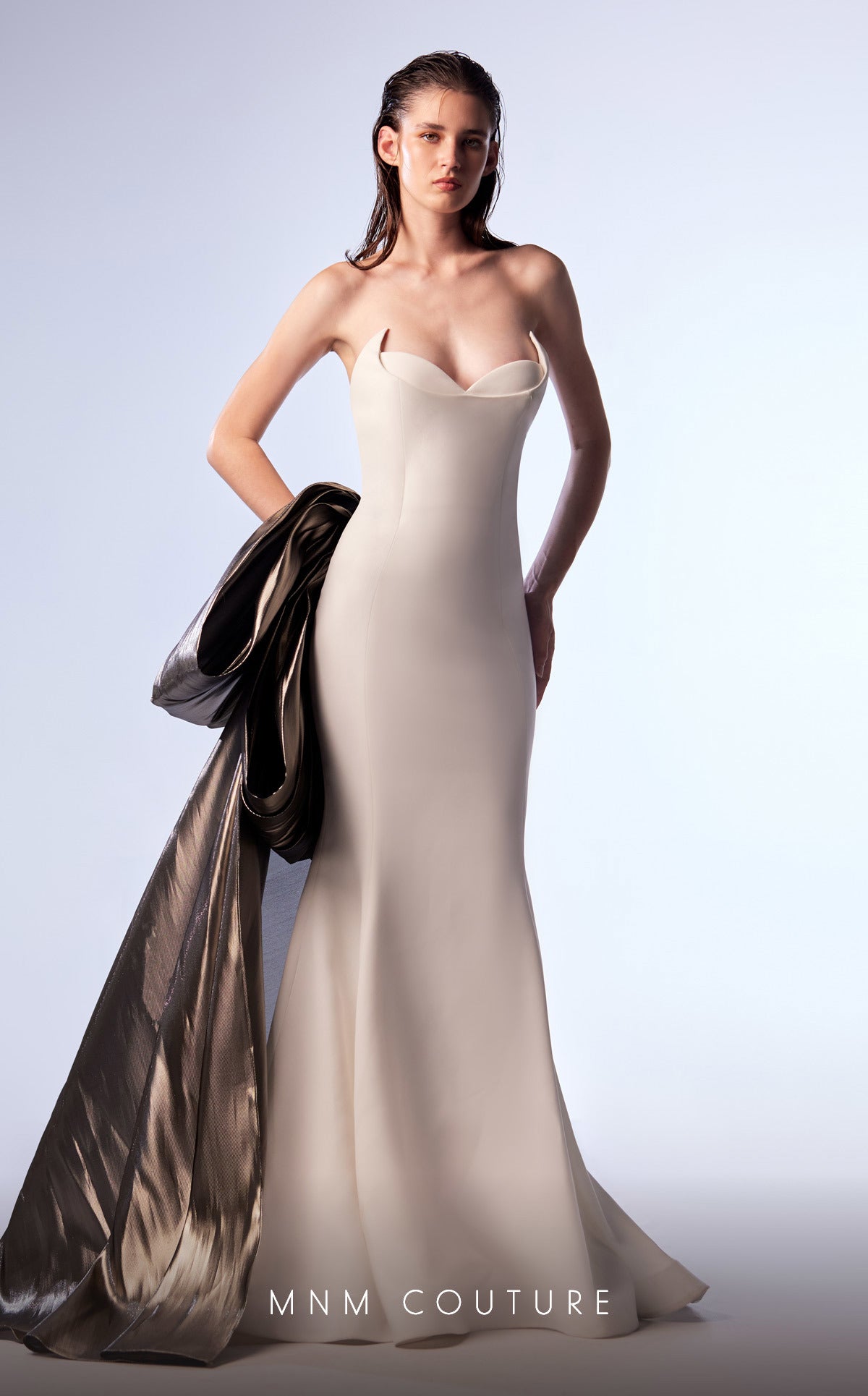 MNM Couture G1720 Long Formal Metallic Bow Mermaid Prom Dress