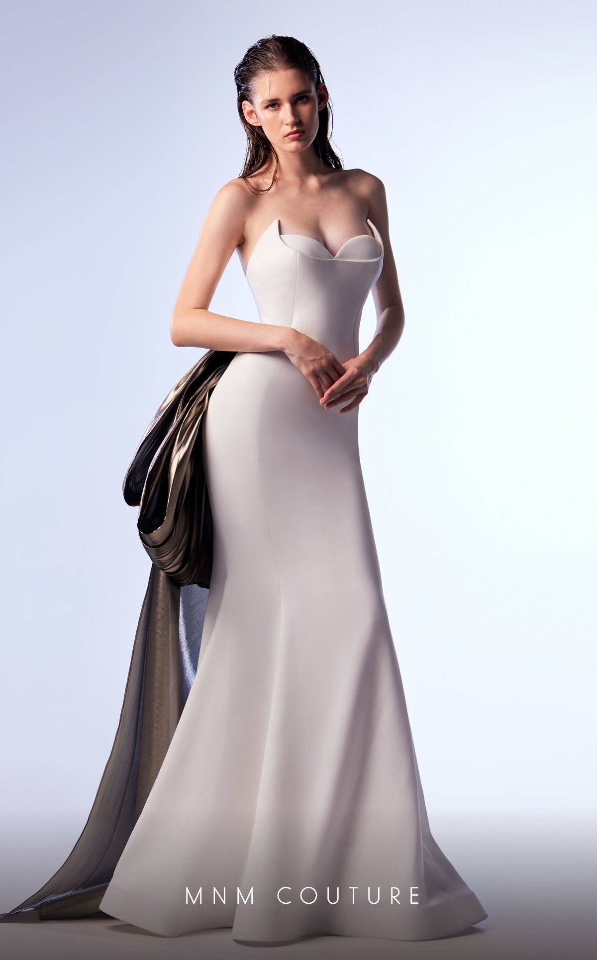 MNM Couture G1720 Long Formal Metallic Bow Mermaid Prom Dress