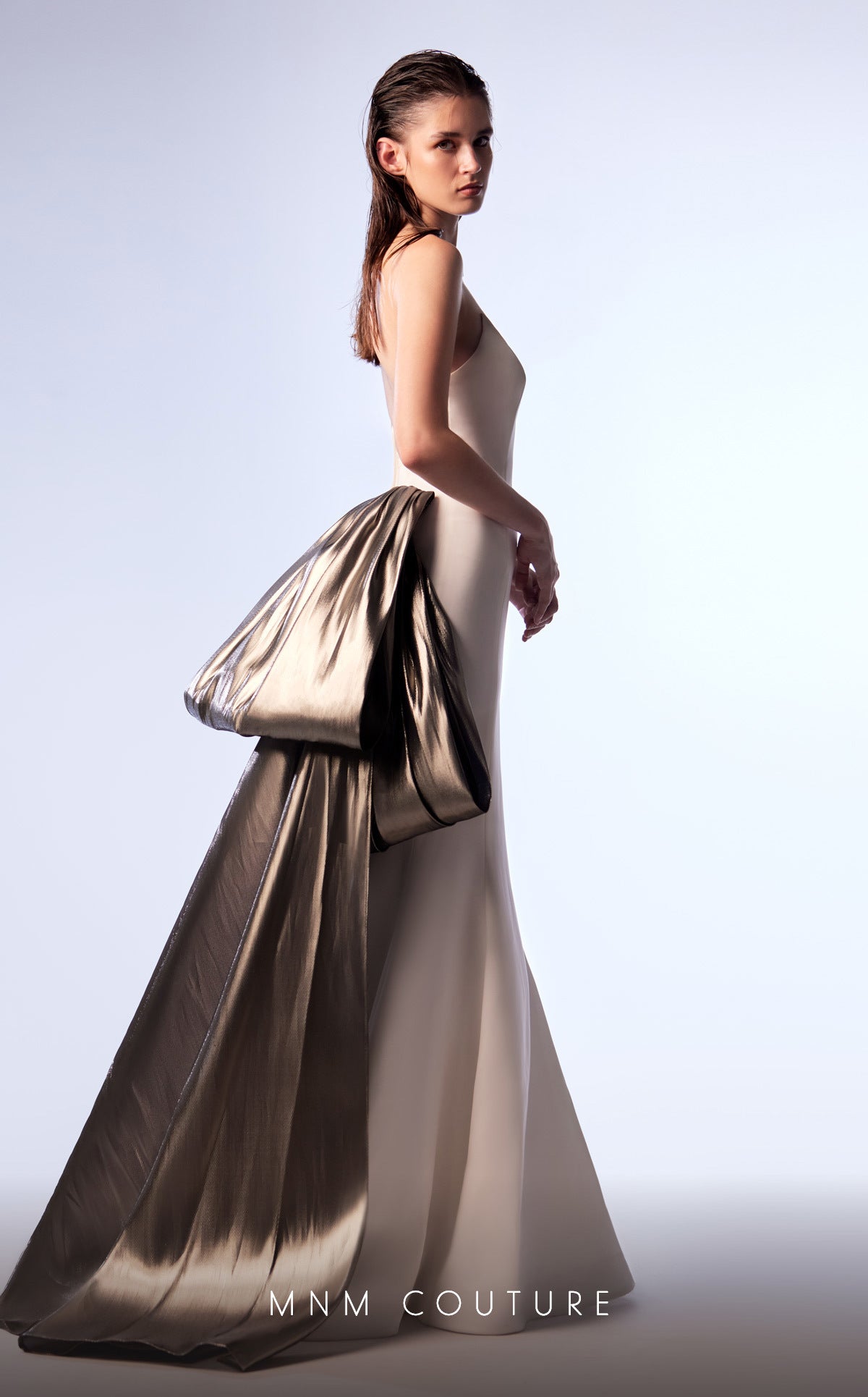 MNM Couture G1720 Long Formal Metallic Bow Mermaid Prom Dress