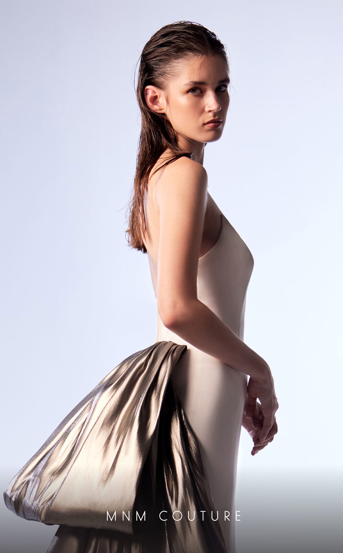 MNM Couture G1720 Long Formal Metallic Bow Mermaid Prom Dress