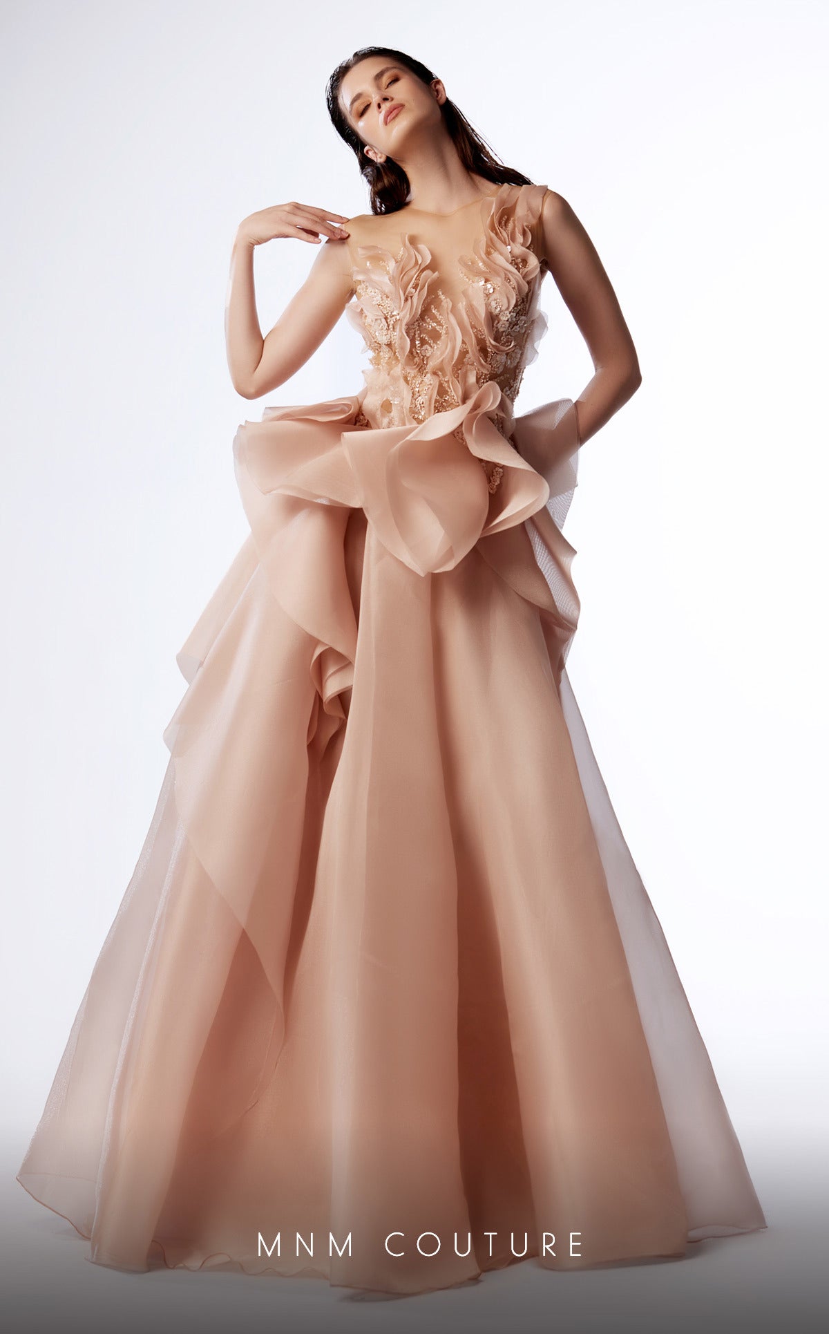 Formal Dresses A Line Long Formal Ruffled Peplum Evening Prom Dress Beige