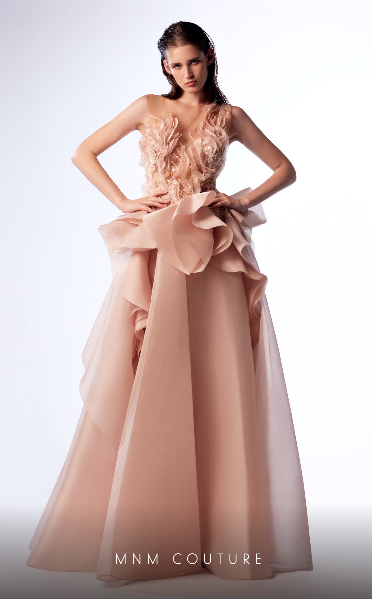 MNM Couture G1723 A Line Long Formal Ruffled Peplum Evening Prom Dress