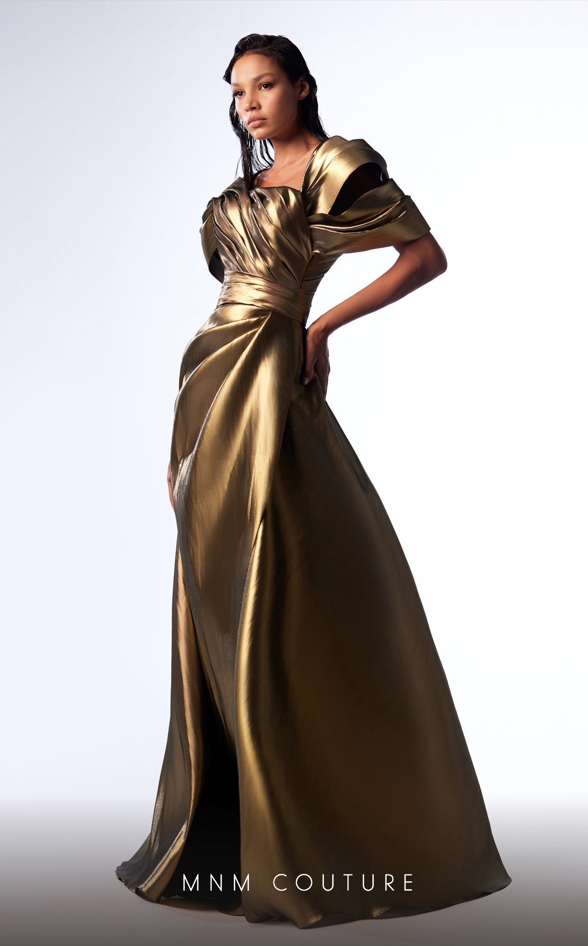 MNM Couture G1726 Long Mermaid Metallic Overskirt Formal Dress