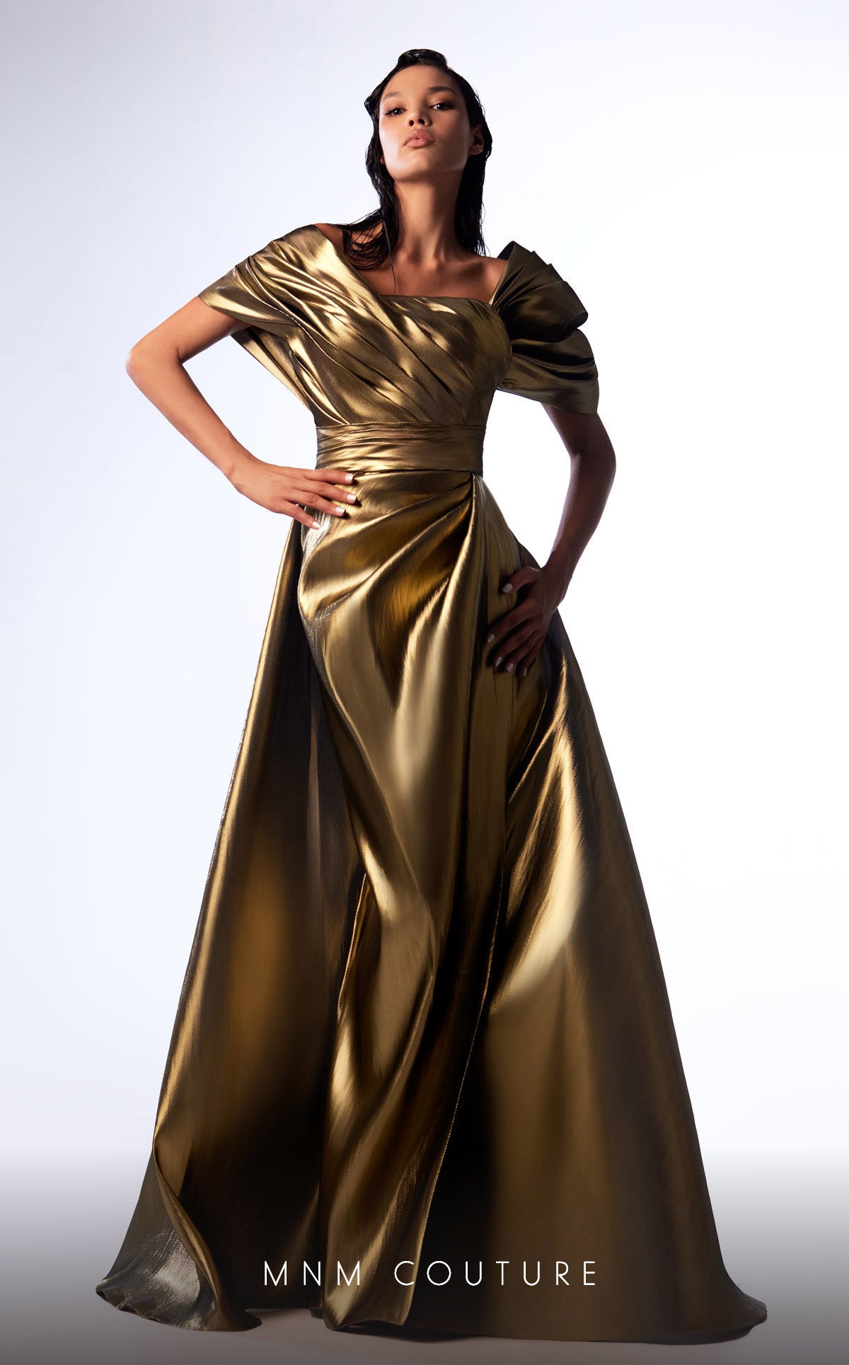 MNM Couture G1726 Long Mermaid Metallic Overskirt Formal Dress