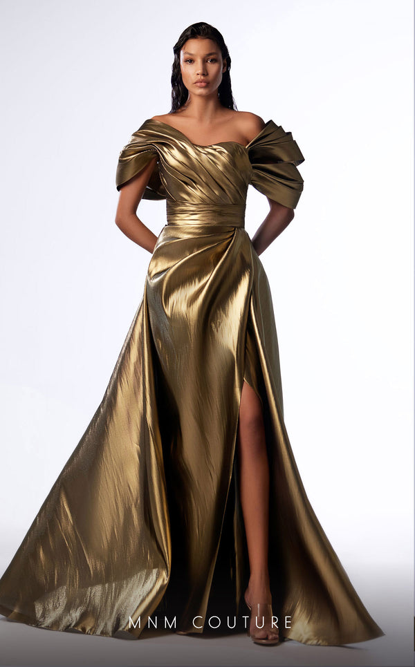 MNM Couture G1726 Long Mermaid Metallic Overskirt Formal Dress