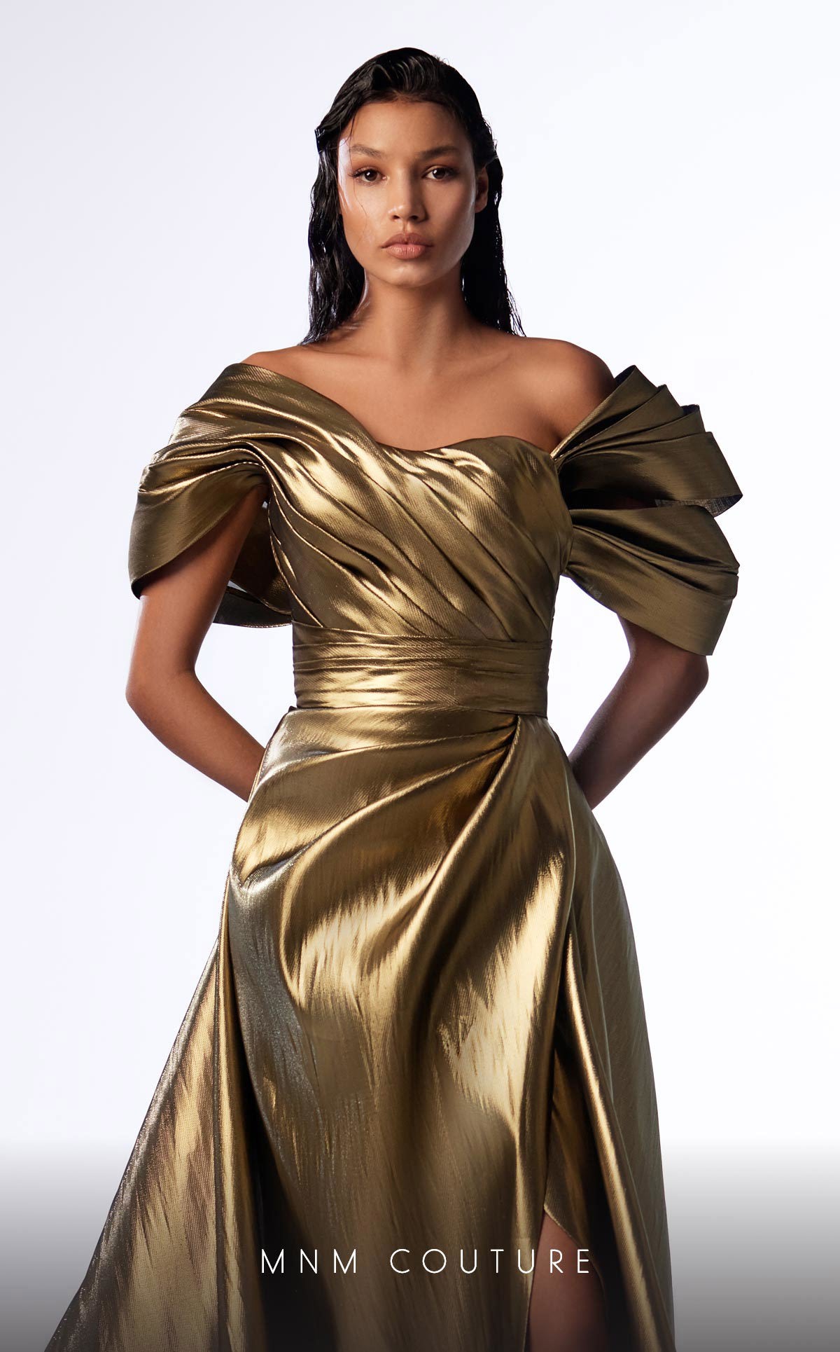 MNM Couture G1726 Long Mermaid Metallic Overskirt Formal Dress