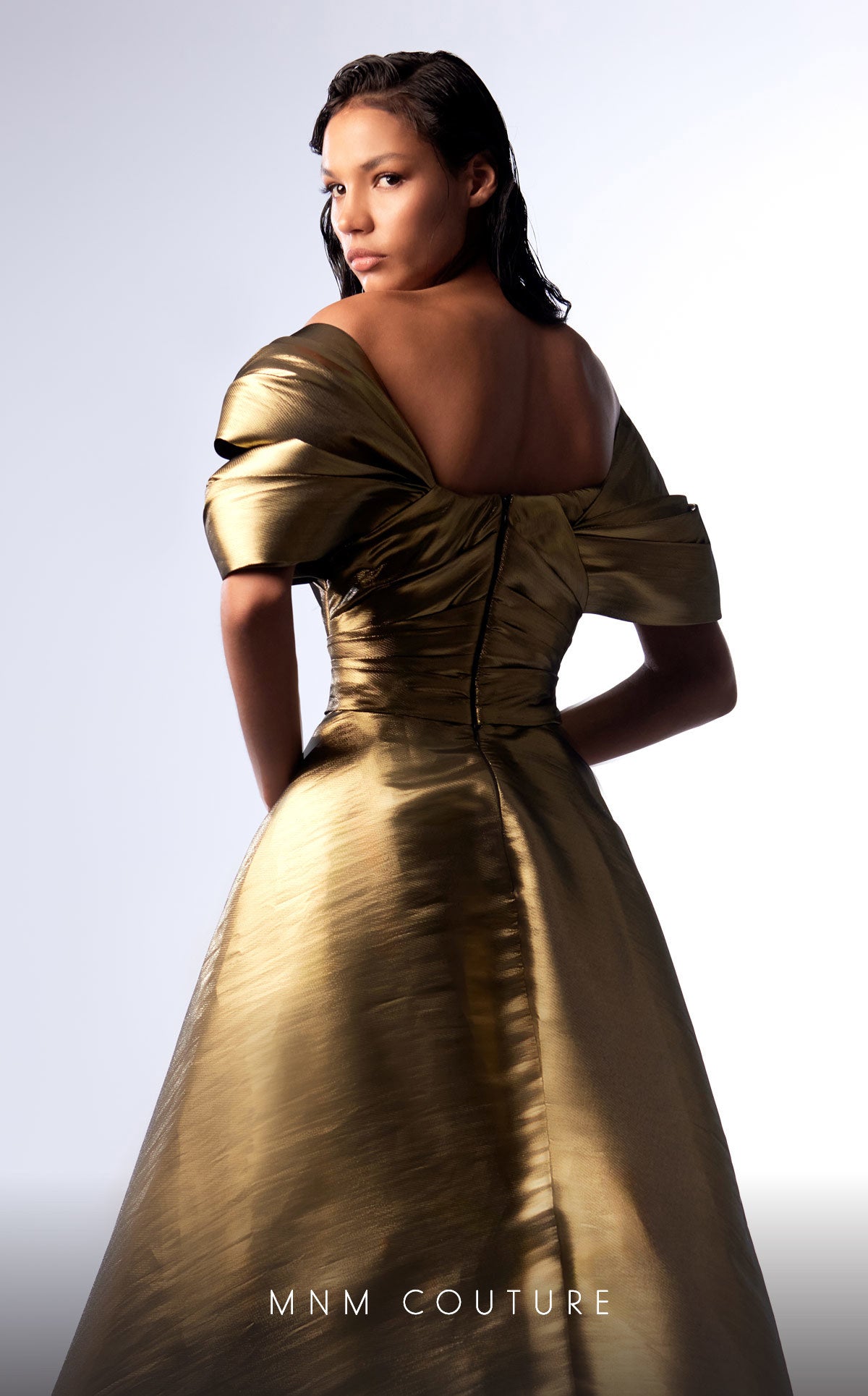MNM Couture G1726 Long Mermaid Metallic Overskirt Formal Dress