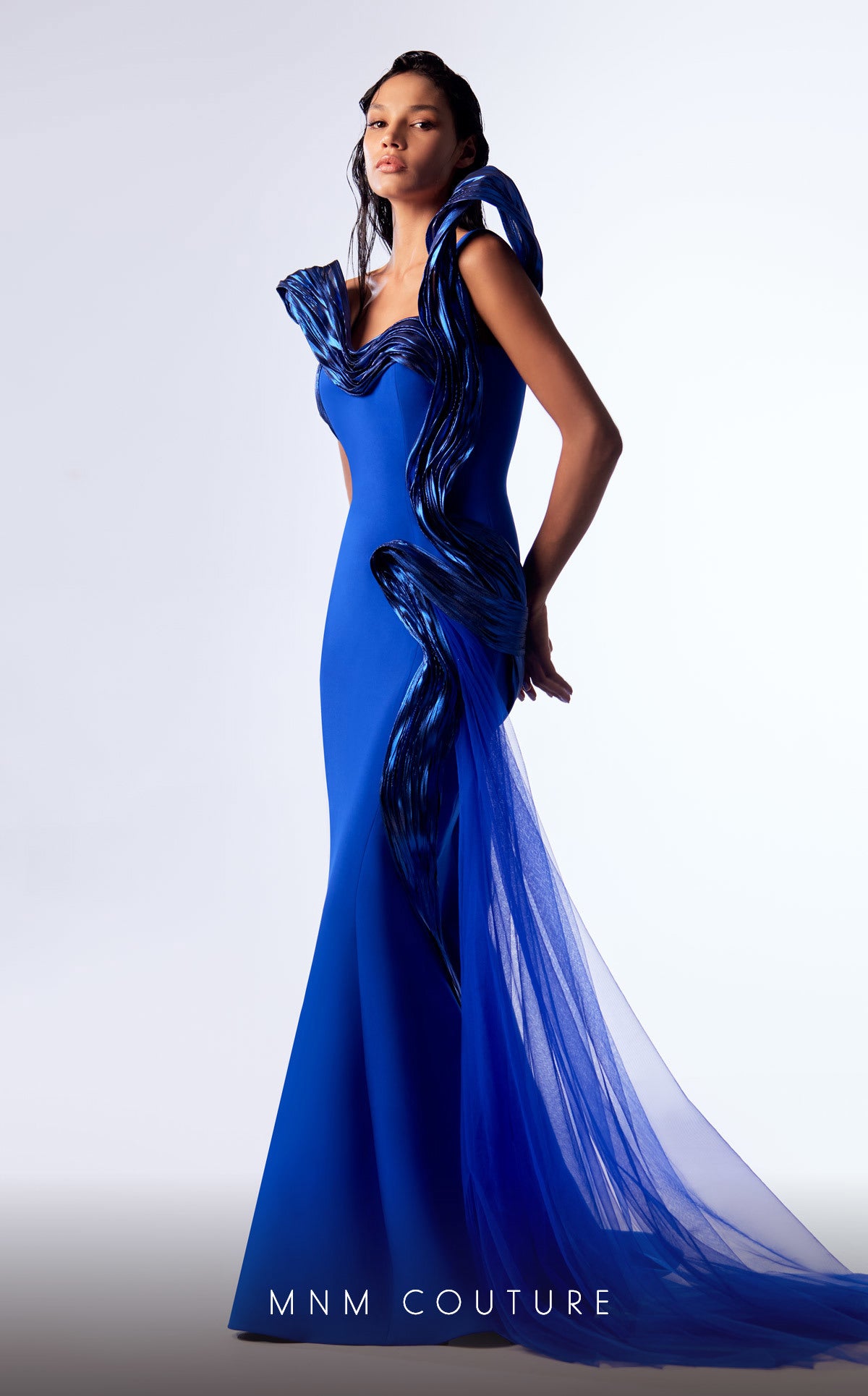 Formal Dresses Mermaid Long Formal Metallic Ruffled Evening Dress Blue