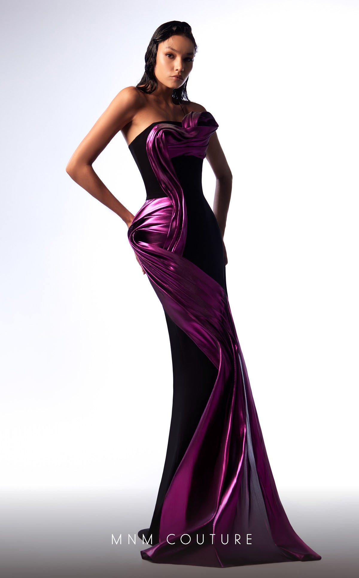 MNM Couture G1730 Long Formal Pleated Metallic Mermaid Prom Dress