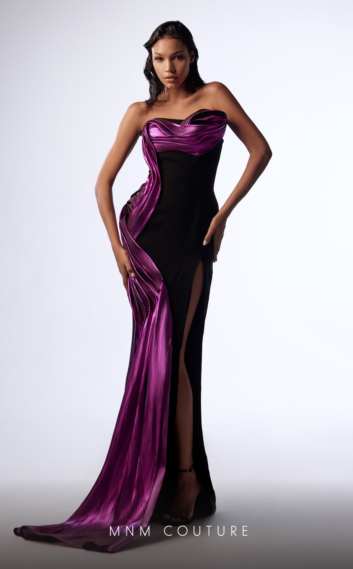 MNM Couture G1730 Long Formal Pleated Metallic Mermaid Prom Dress