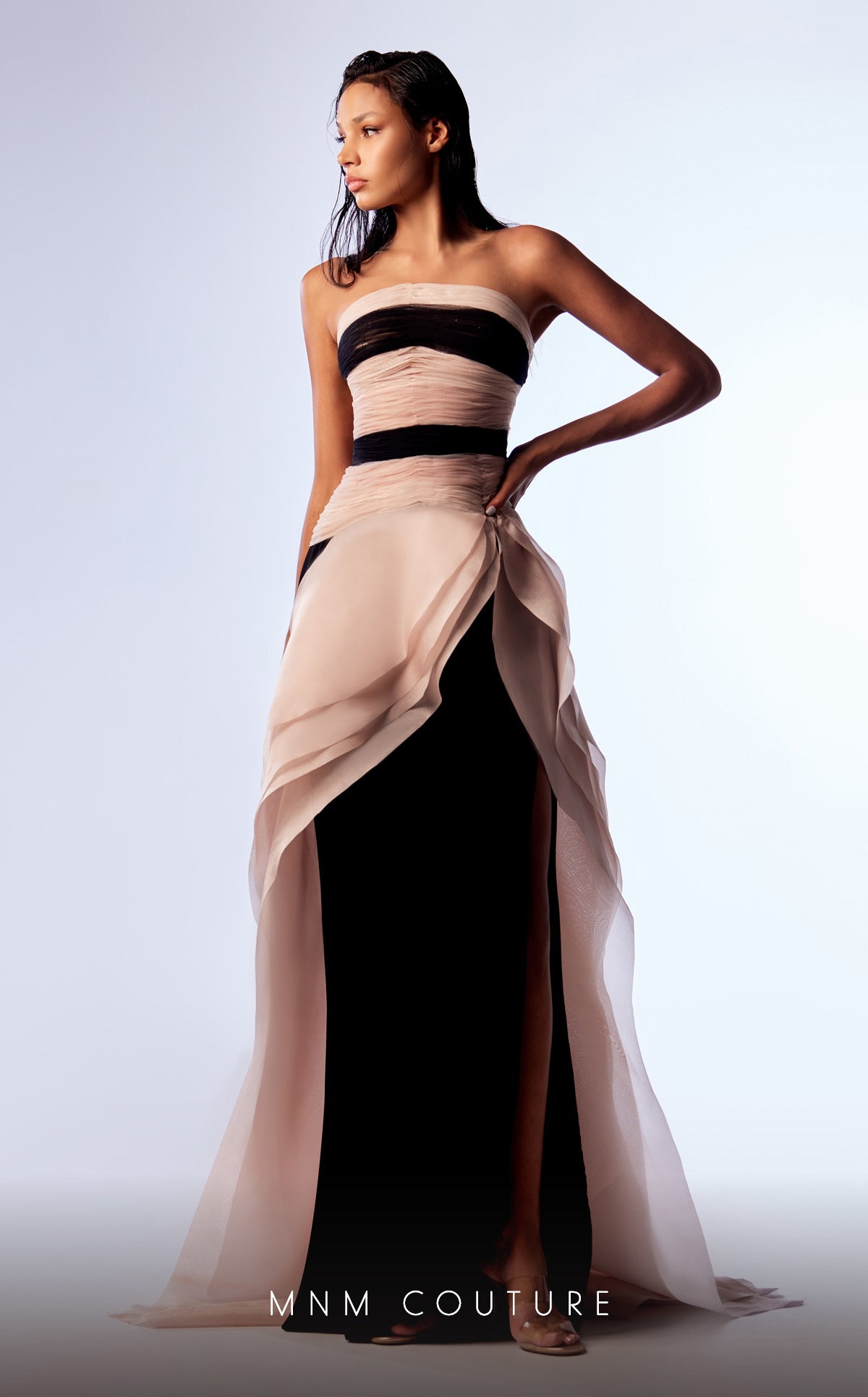 Prom Dresses Formal Pleated Long Prom Evening Dress MNM Couture G1734 Black/Beige