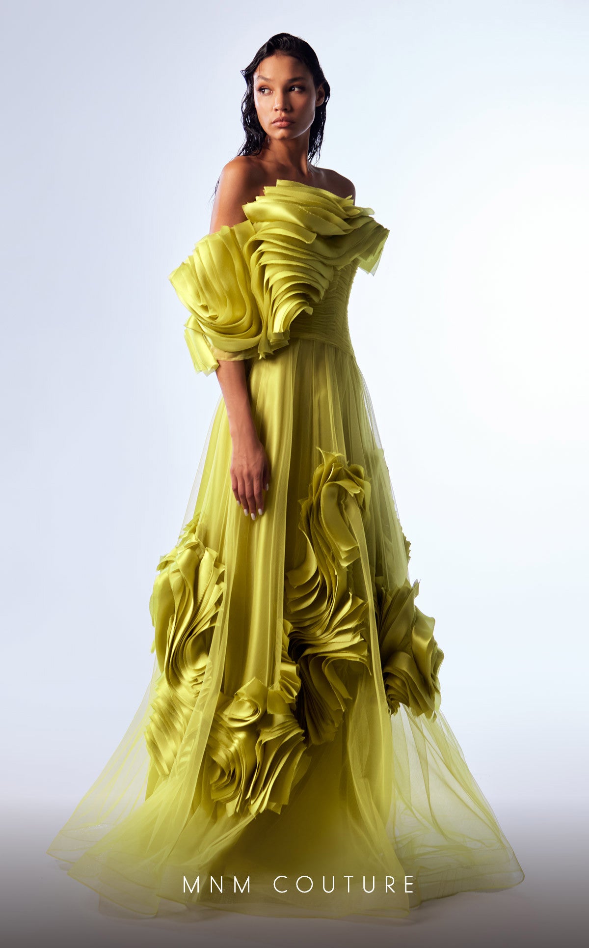 Off-Shoulder Pleated Tulle Evening Gown by MNM Couture G1736 in Green