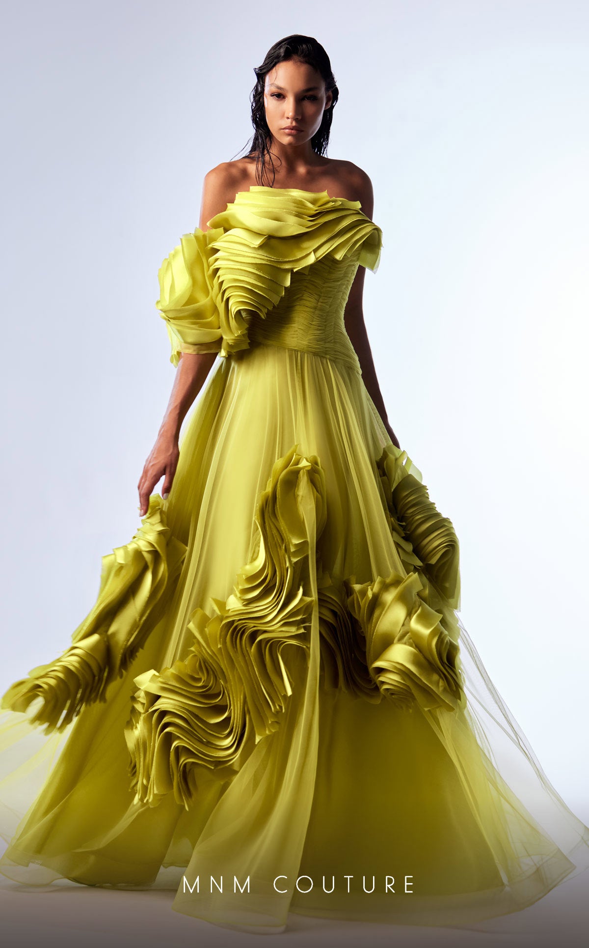Off-Shoulder Pleated Tulle Evening Gown by MNM Couture G1736 in Green