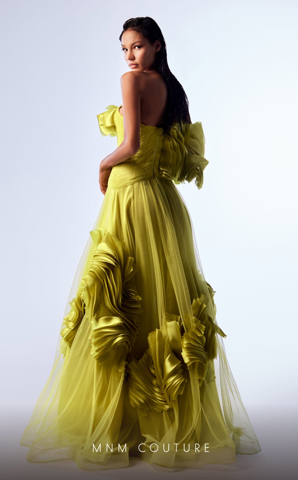 Off-Shoulder Pleated Tulle Evening Gown by MNM Couture G1736 in Green
