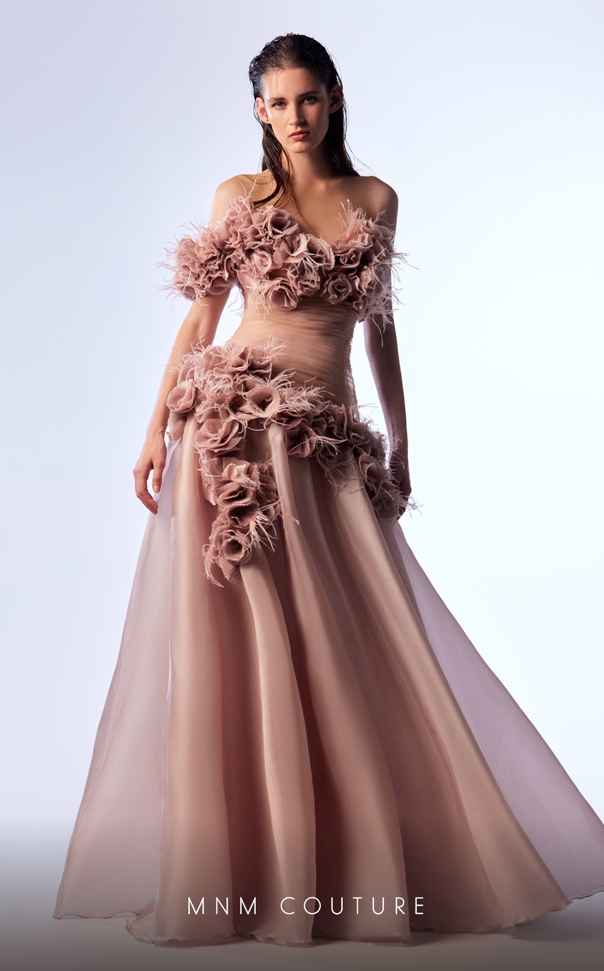 MNM Couture G1737 Pleated Long Formal Floral Feather Prom Dress