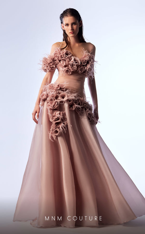 MNM Couture G1737 Pleated Long Formal Floral Feather Prom Dress